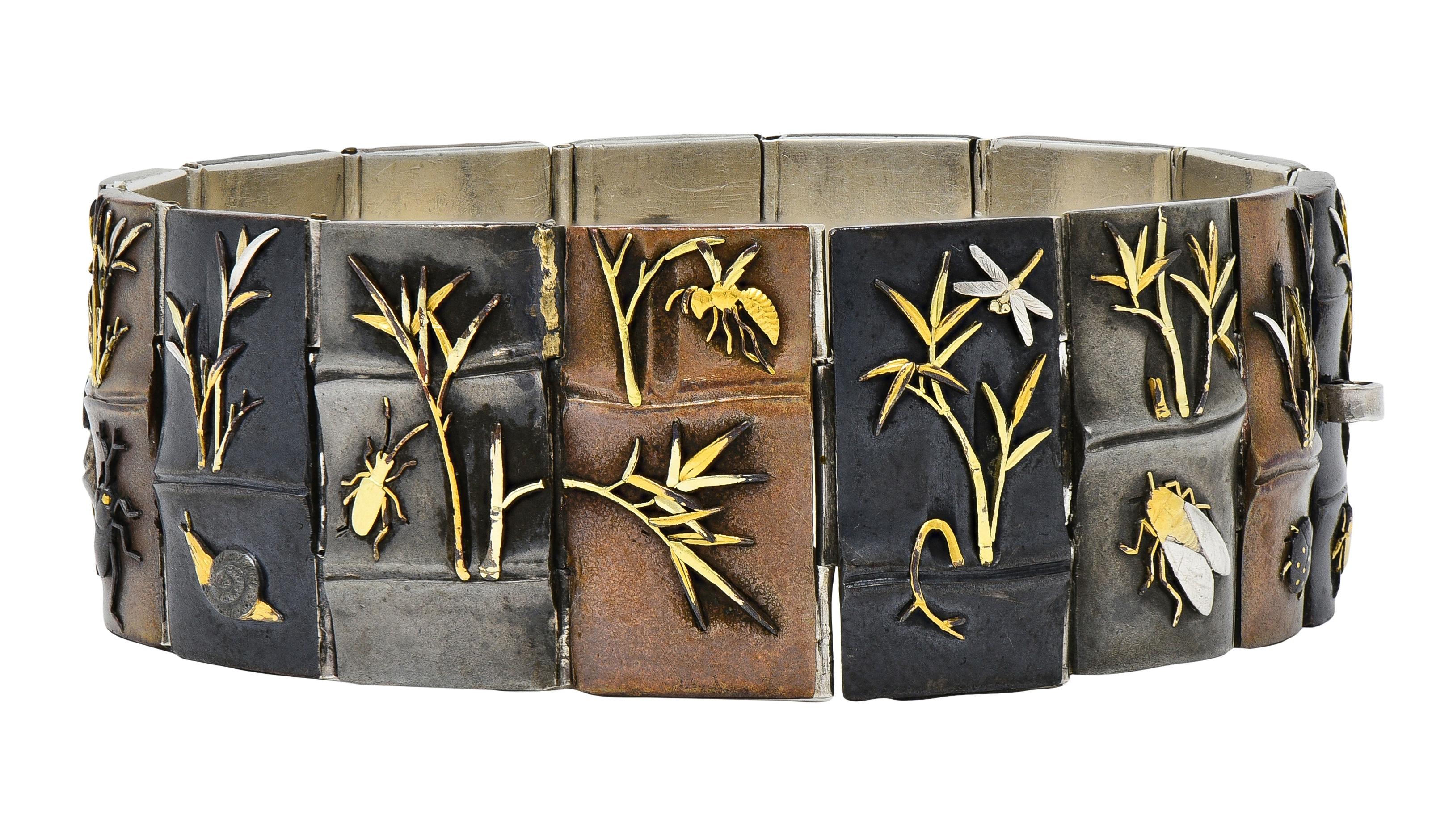 Victorian Japanese Shakudo Sterling Silver Gold Antique Bug Panel Link Bracelet
