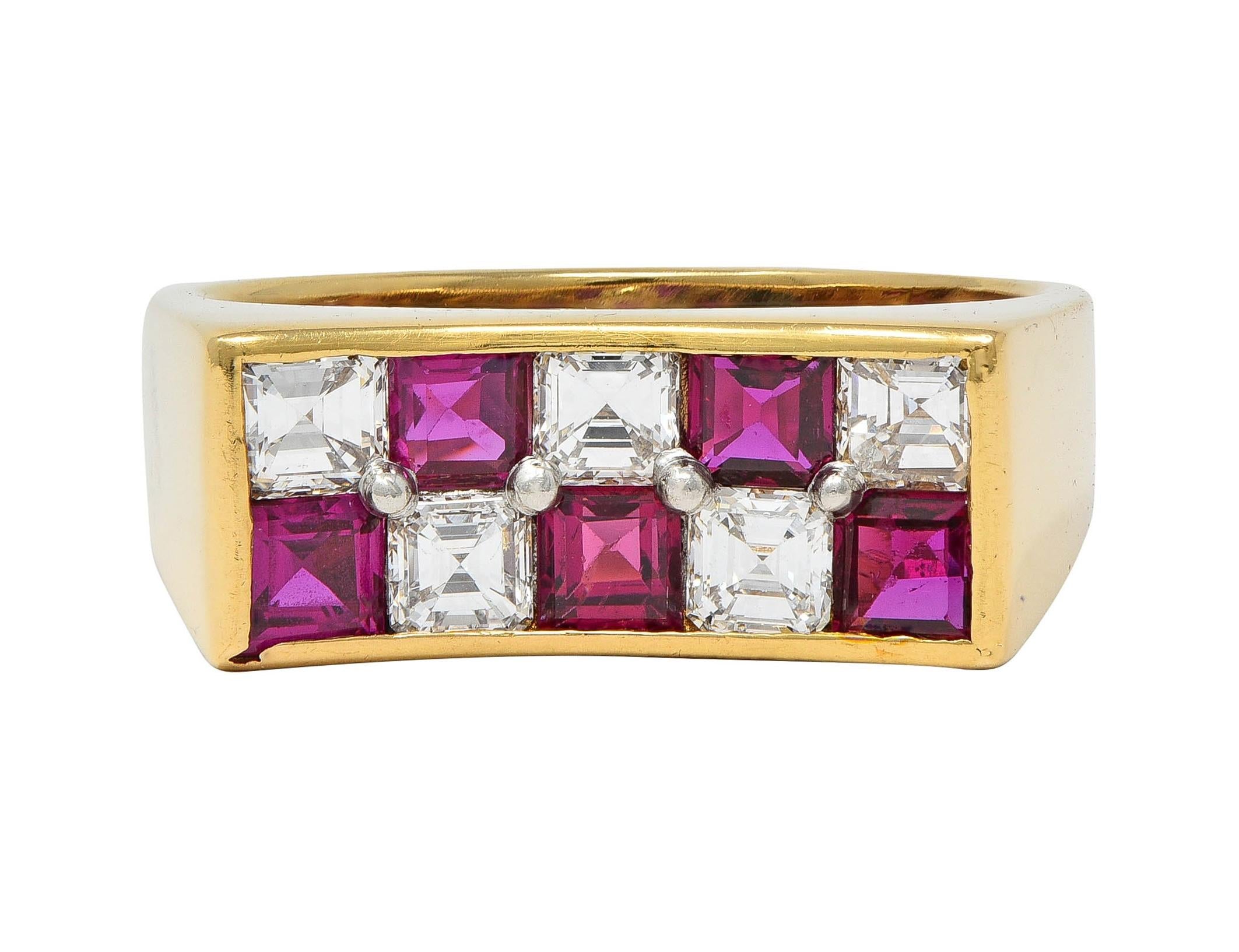 Oscar Heyman Diamond Ruby Platinum 18K Gold Checkerboard Vintage Band Ring