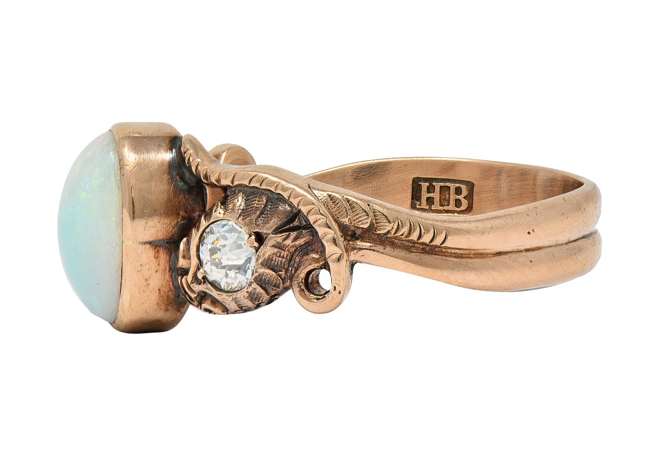 Victorian Diamond Opal 14 Karat Rose Gold Antique Lovers Knot Snake Ring