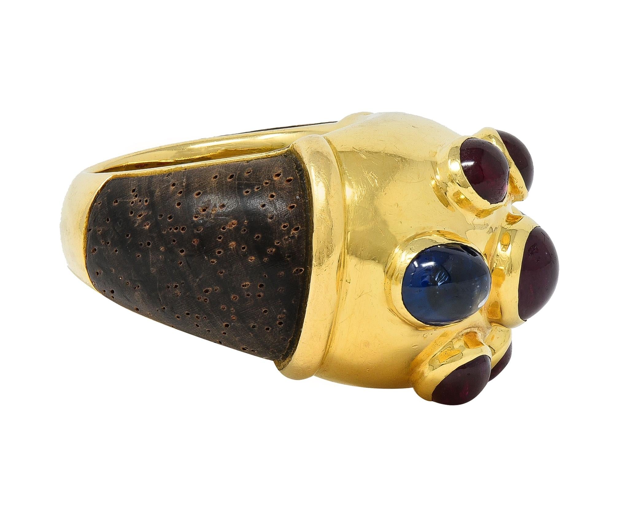 Poiray Paris 1980's 5.80 CTW Sapphire Ruby Wood 18K Gold Vintage Dome Ring