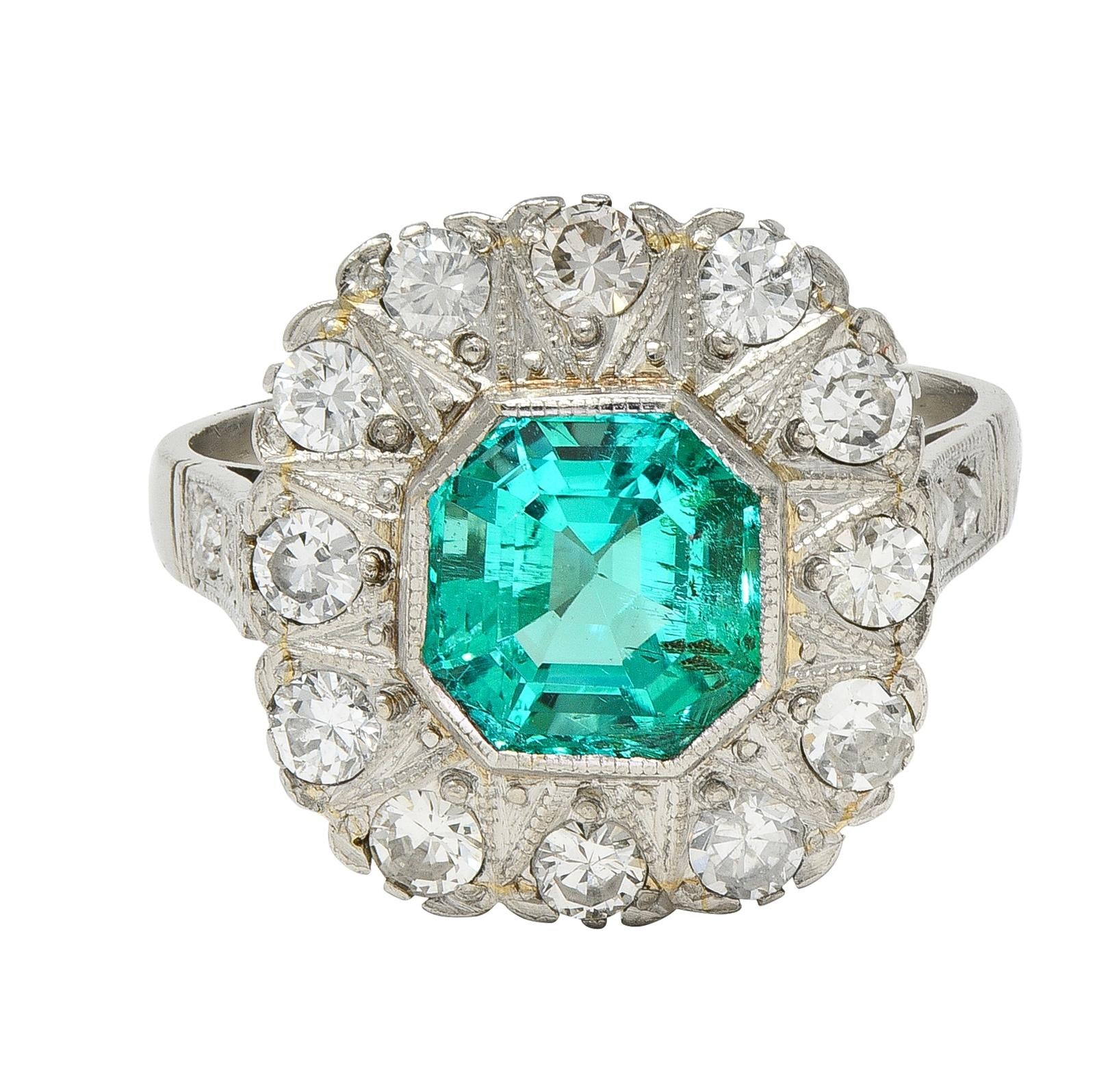 Art Deco 3.05 CTW No Oil Colombian Emerald Diamond Platinum Vintage Halo Ring