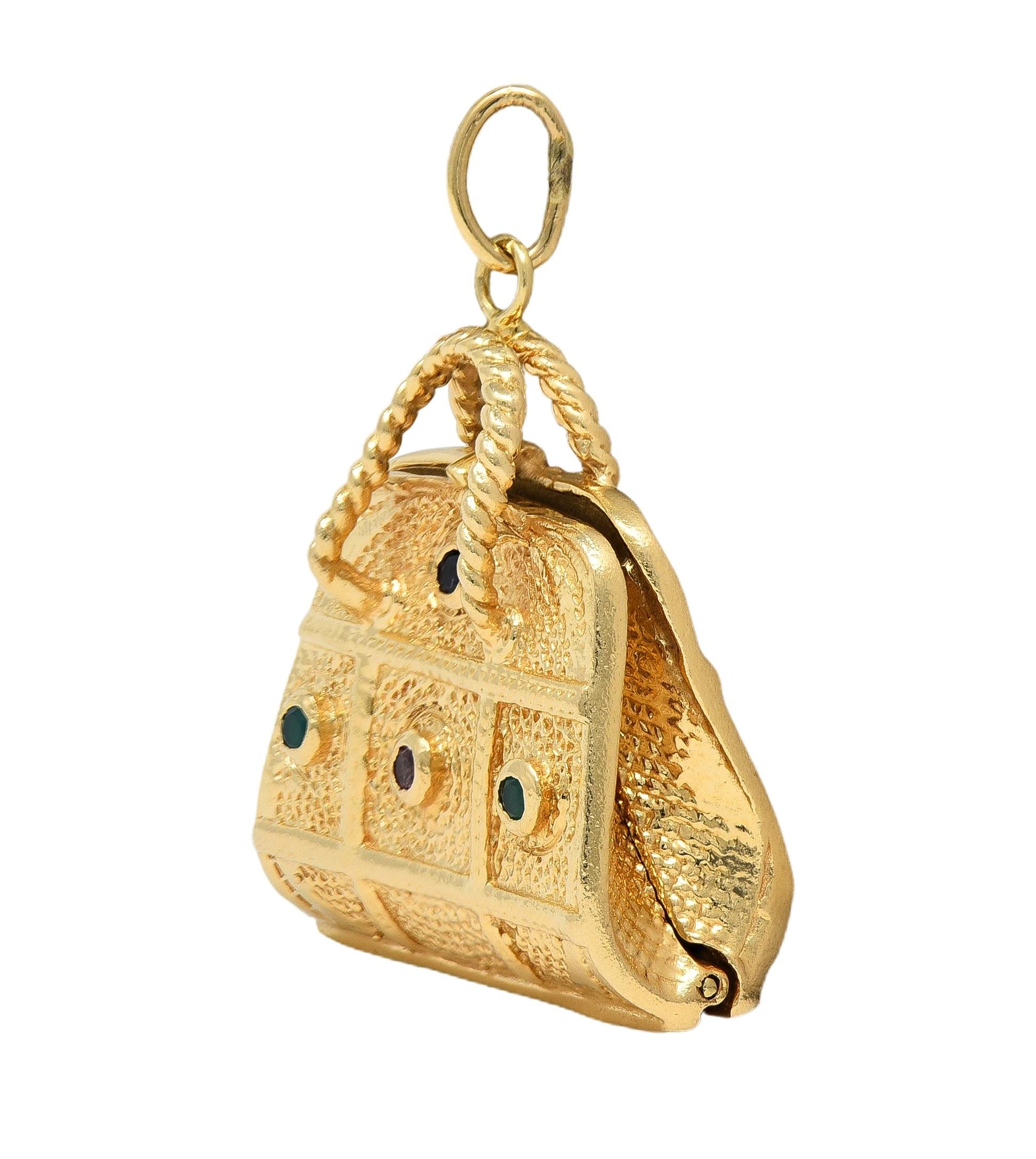 1960's Multi-Gem 14 Karat Yellow Gold Vintage Purse Pendant Charm