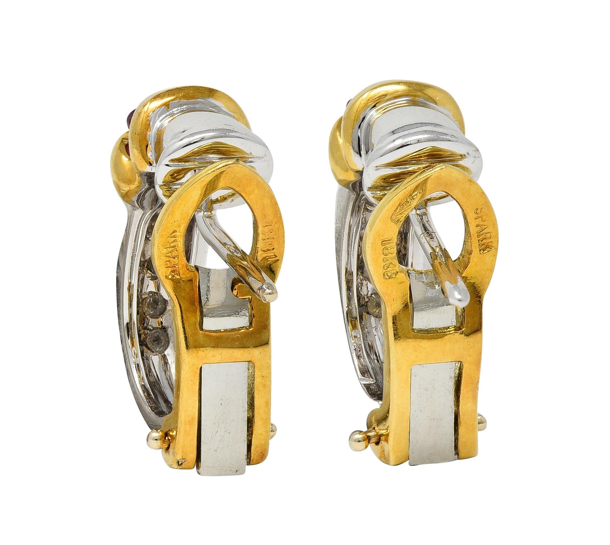 Spark 1990's Ruby Diamond 18 Karat Two-Tone Gold Vintage J-Hoop Earring