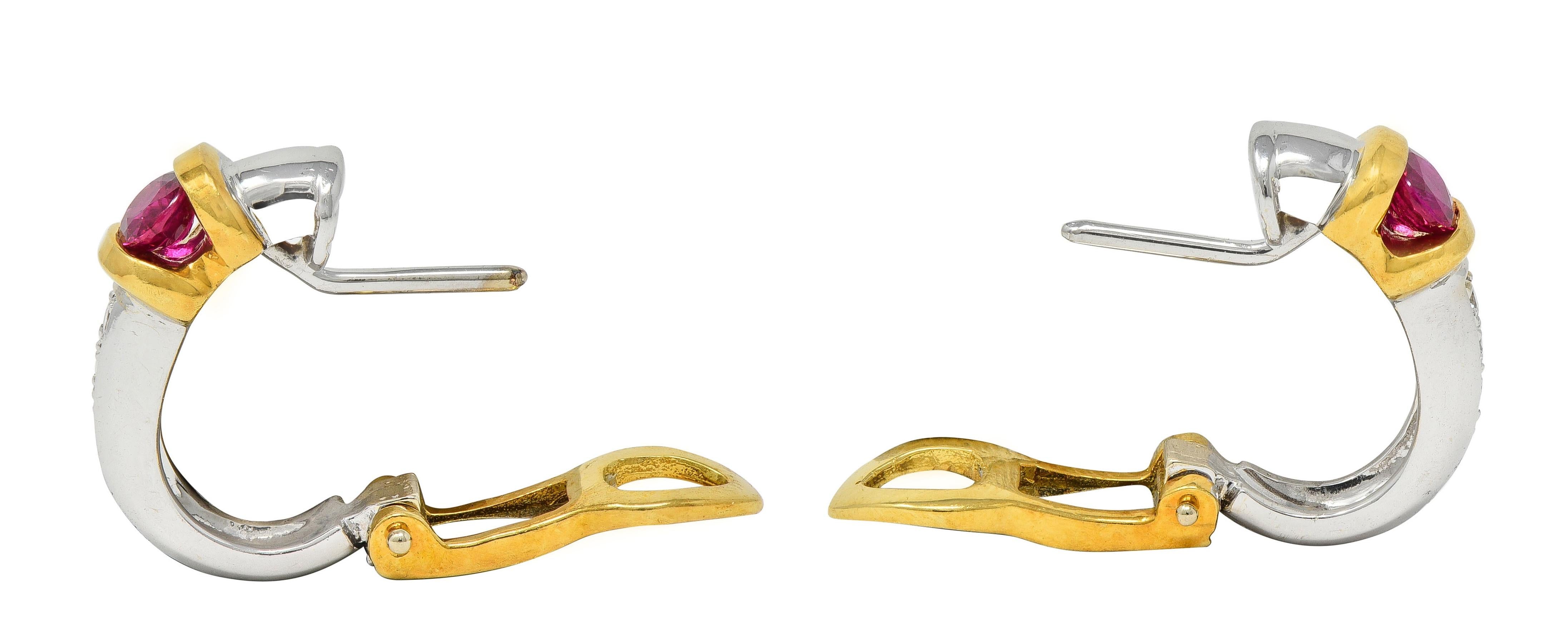 Spark 1990's Ruby Diamond 18 Karat Two-Tone Gold Vintage J-Hoop Earring