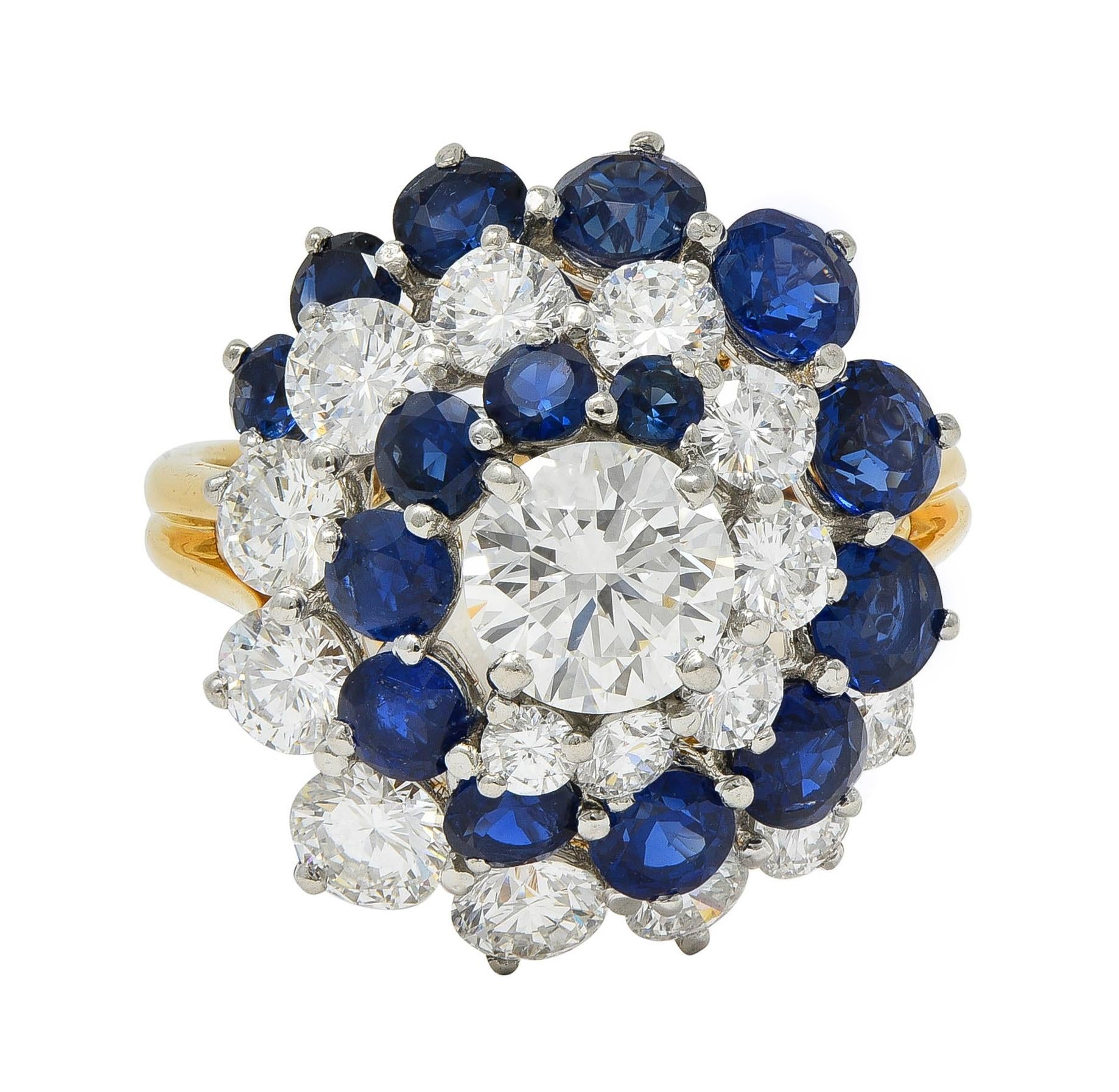 5.85 CTW Sapphire Diamond Platinum 18K Gold Vintage Spiral Cluster Ring