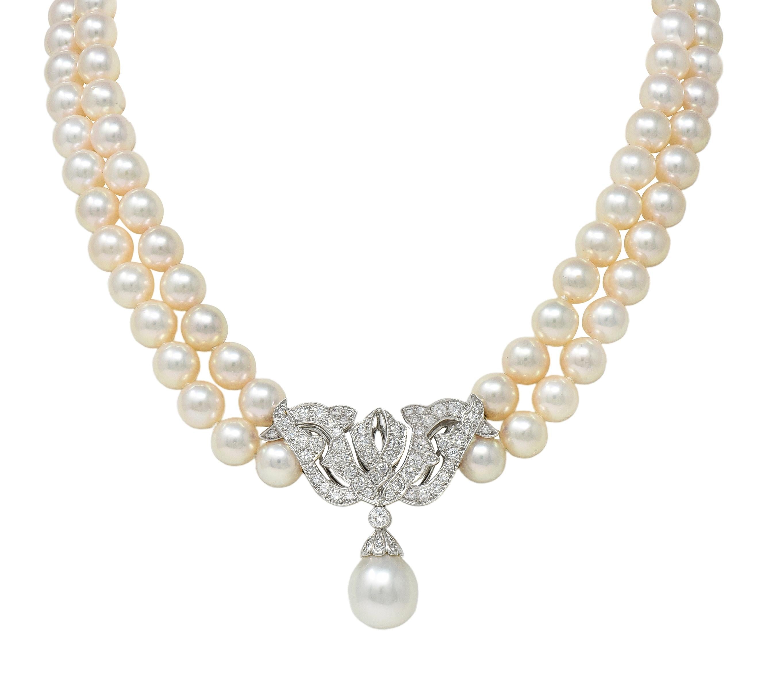 Mikimoto Pearl Diamond Platinum Vintage Multi-Strand Statement Station Necklace