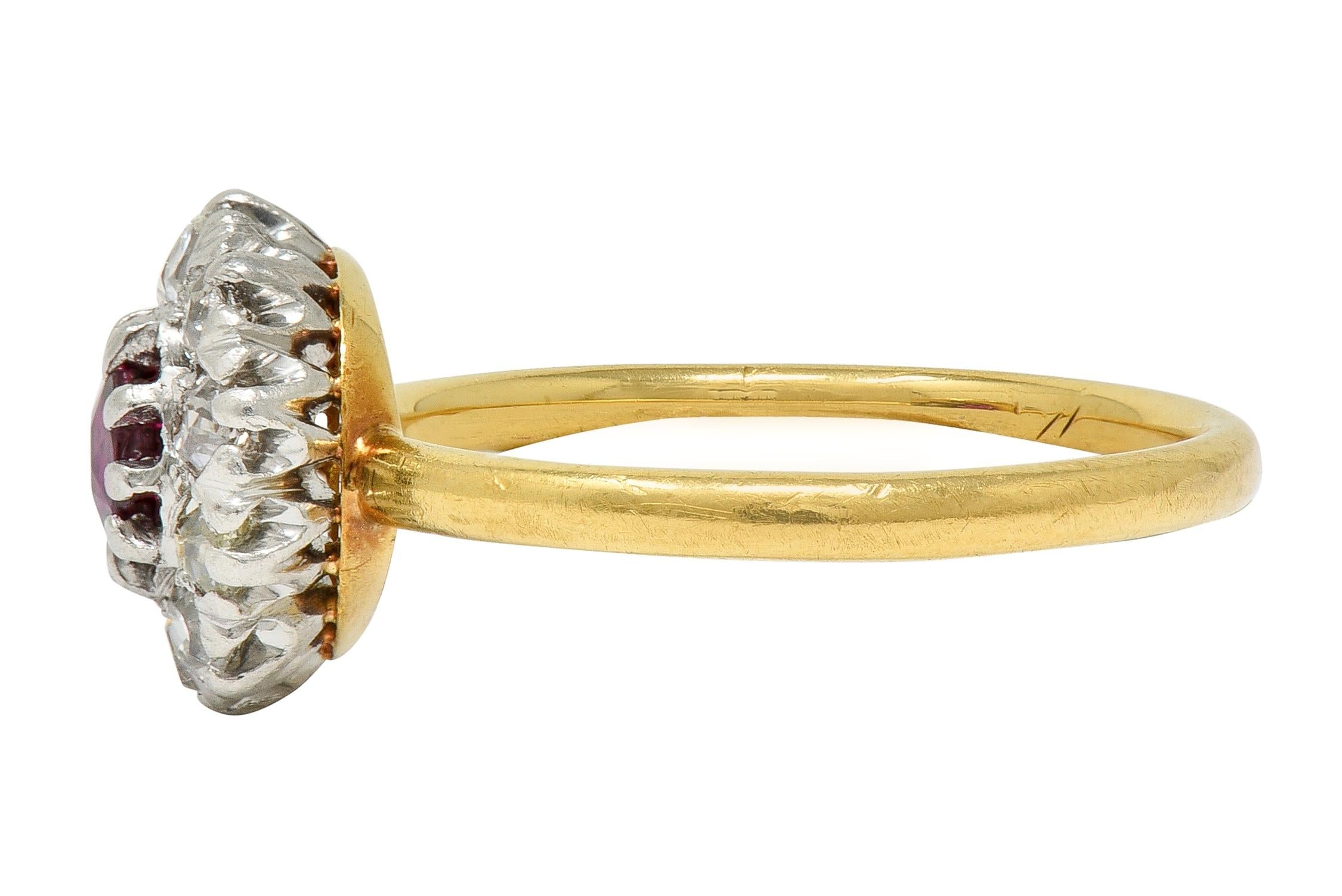 Edwardian Ruby Old Mine Diamond Platinum 18 Karat Yellow Gold Antique Halo Ring