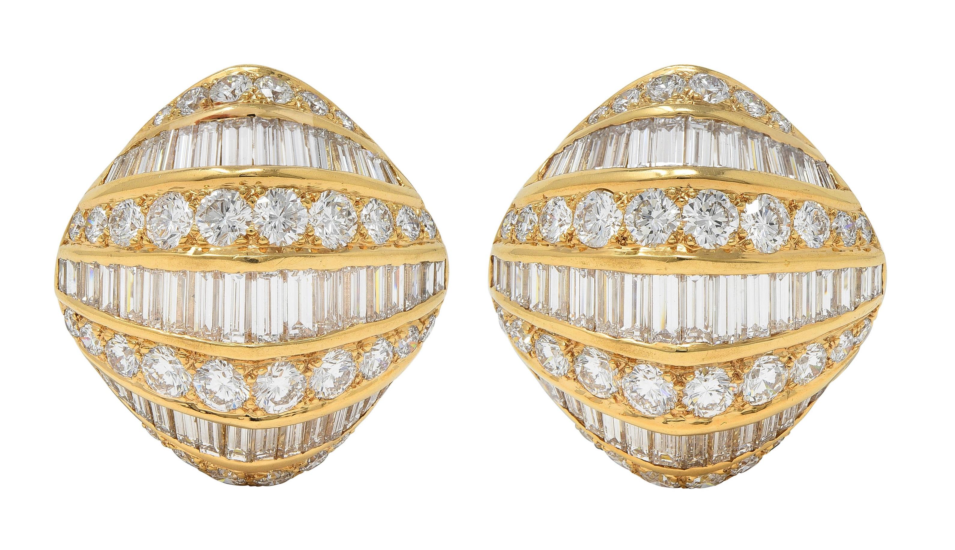 1980's Round Baguette Diamond 18 Karat Yellow Gold Domed Vintage Earrings