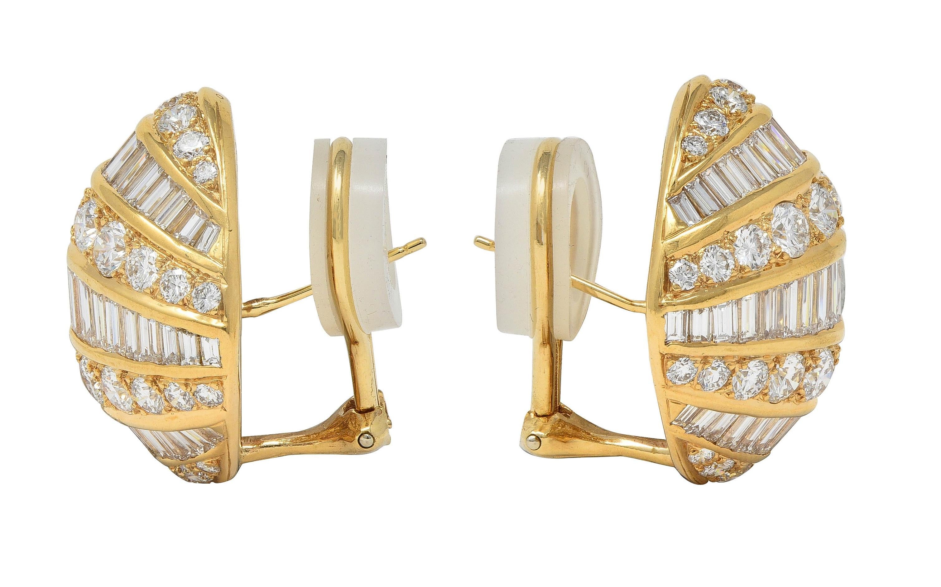 1980's Round Baguette Diamond 18 Karat Yellow Gold Domed Vintage Earrings