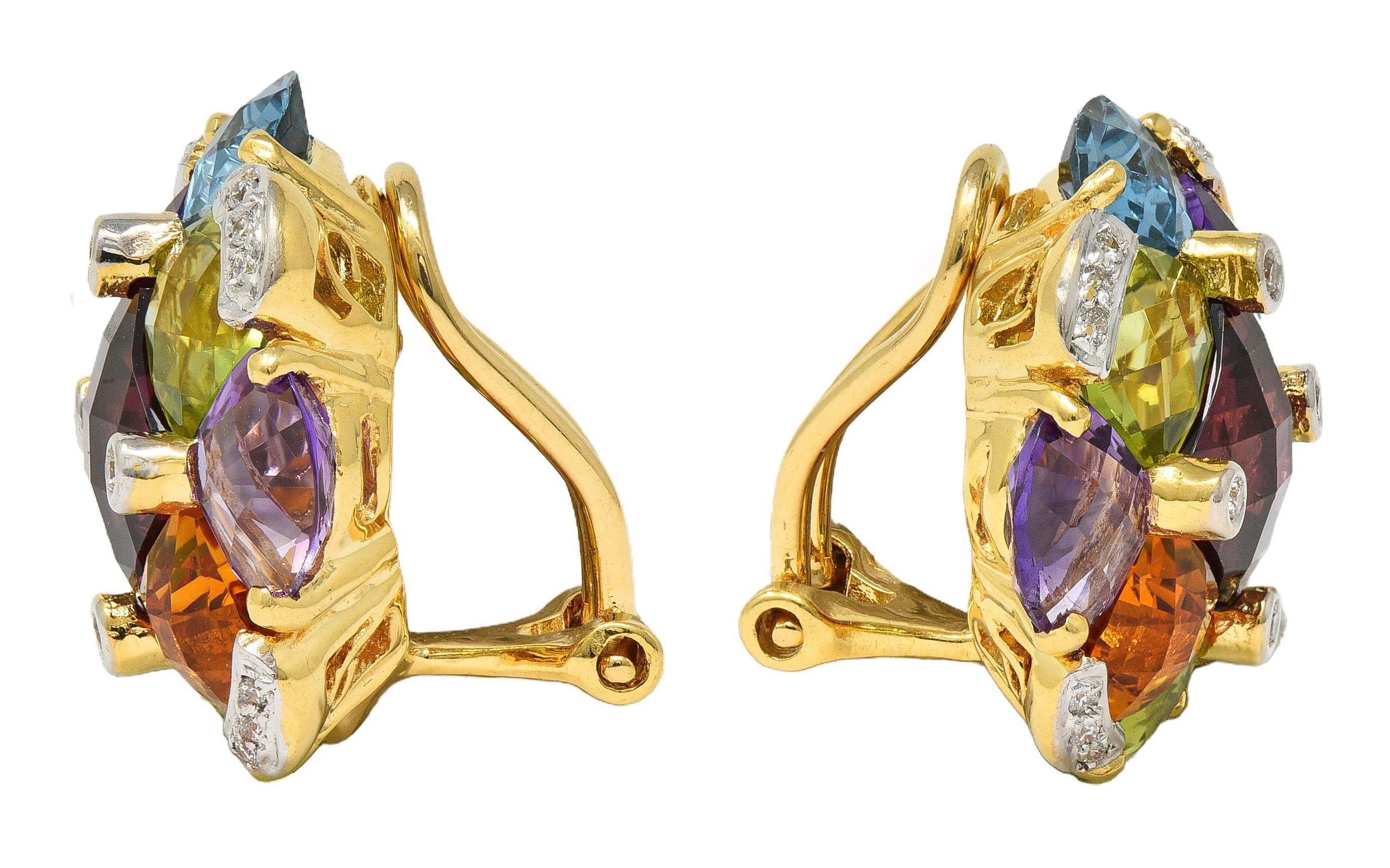 Contemporary Multi-Gem Diamond 18K Gold Checkerboard Cluster Ear-Clip Earrings