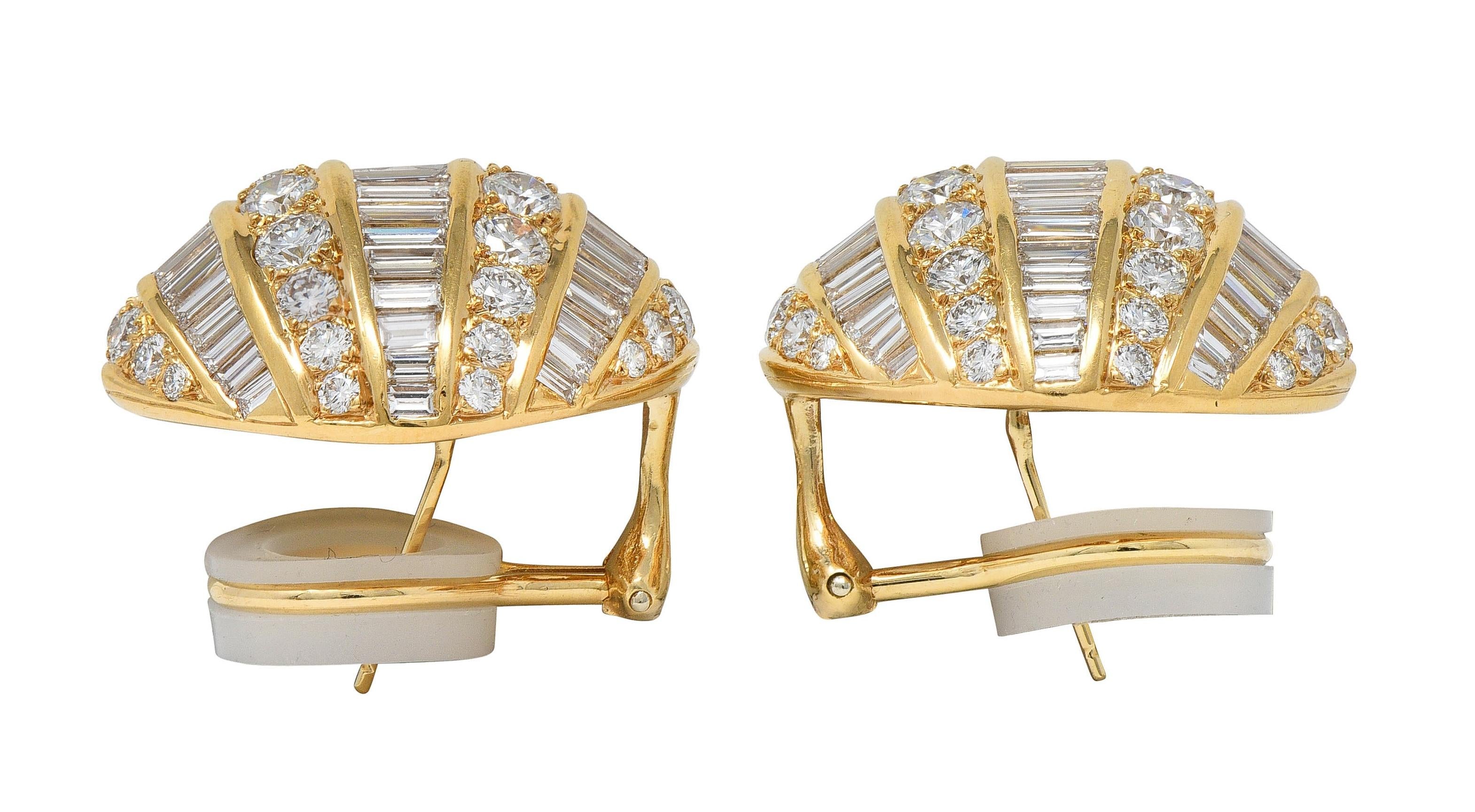 1980's Round Baguette Diamond 18 Karat Yellow Gold Domed Vintage Earrings