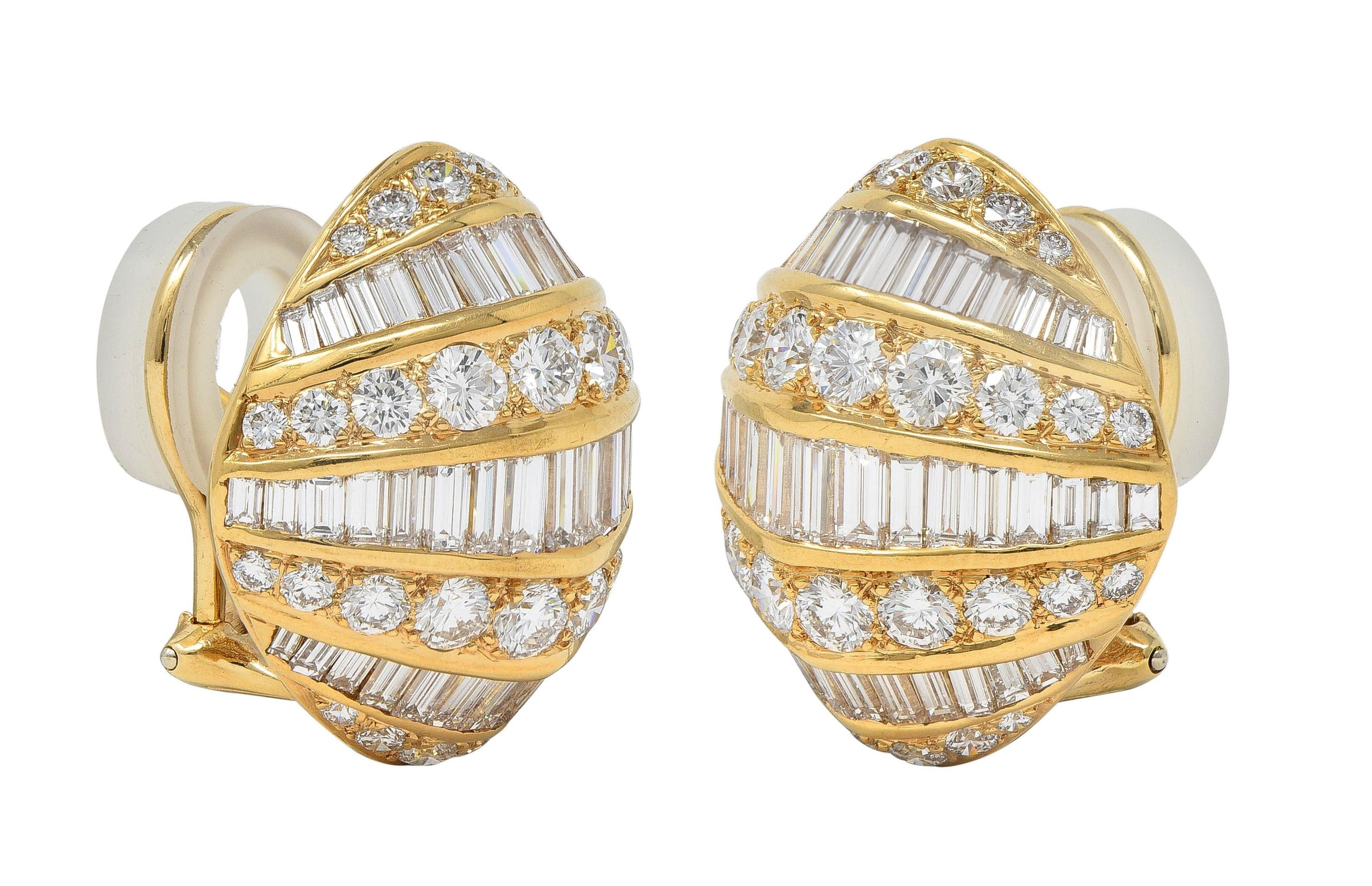 1980's Round Baguette Diamond 18 Karat Yellow Gold Domed Vintage Earrings