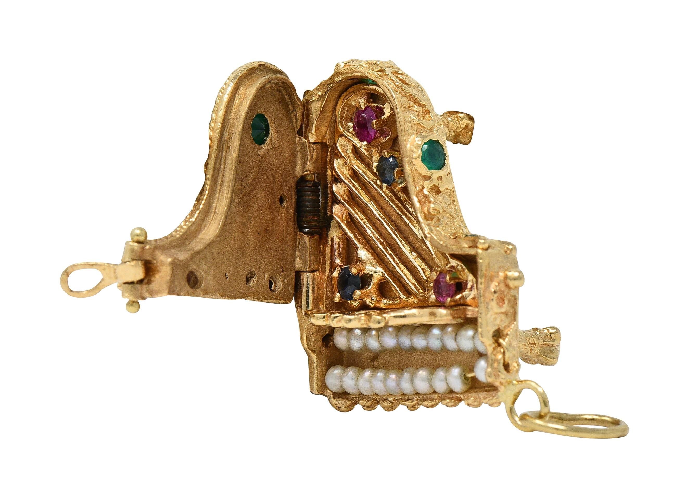 1960's Multi-Gem 14 Karat Yellow Gold Vintage Piano Pendant Charm