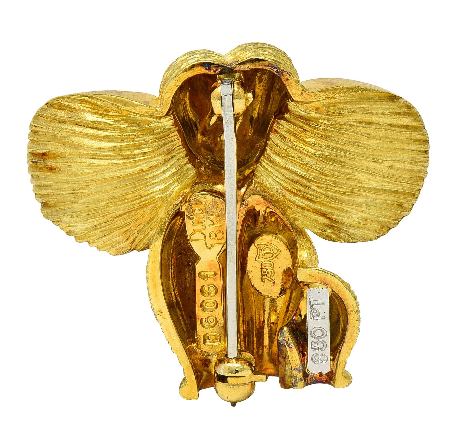 Henry Dunay 1990's 18 Karat Yellow Gold Platinum Vintage Elephant Brooch