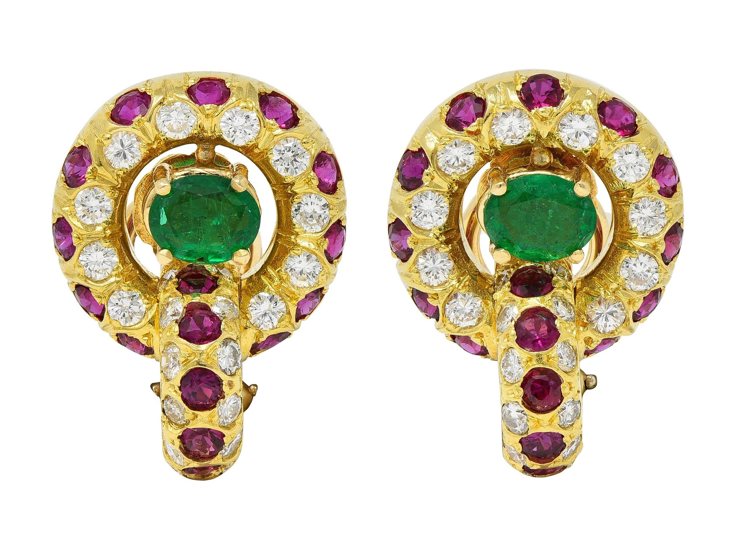 1980's Ruby Emerald Diamond 18K Gold Vintage Door-Knocker Ear-Clip Earrings