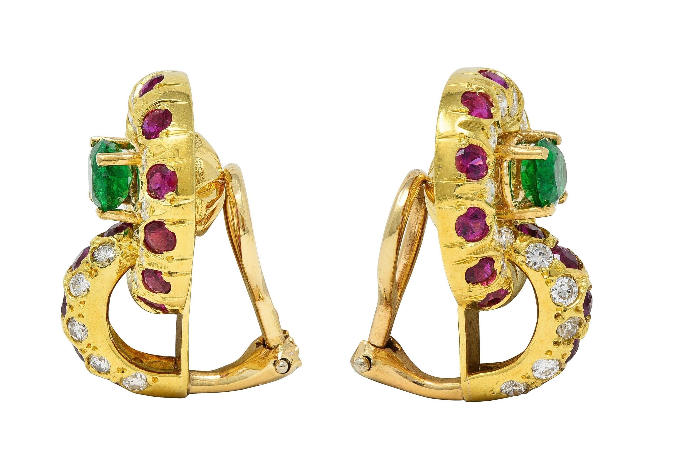 1980's Ruby Emerald Diamond 18K Gold Vintage Door-Knocker Ear-Clip Earrings