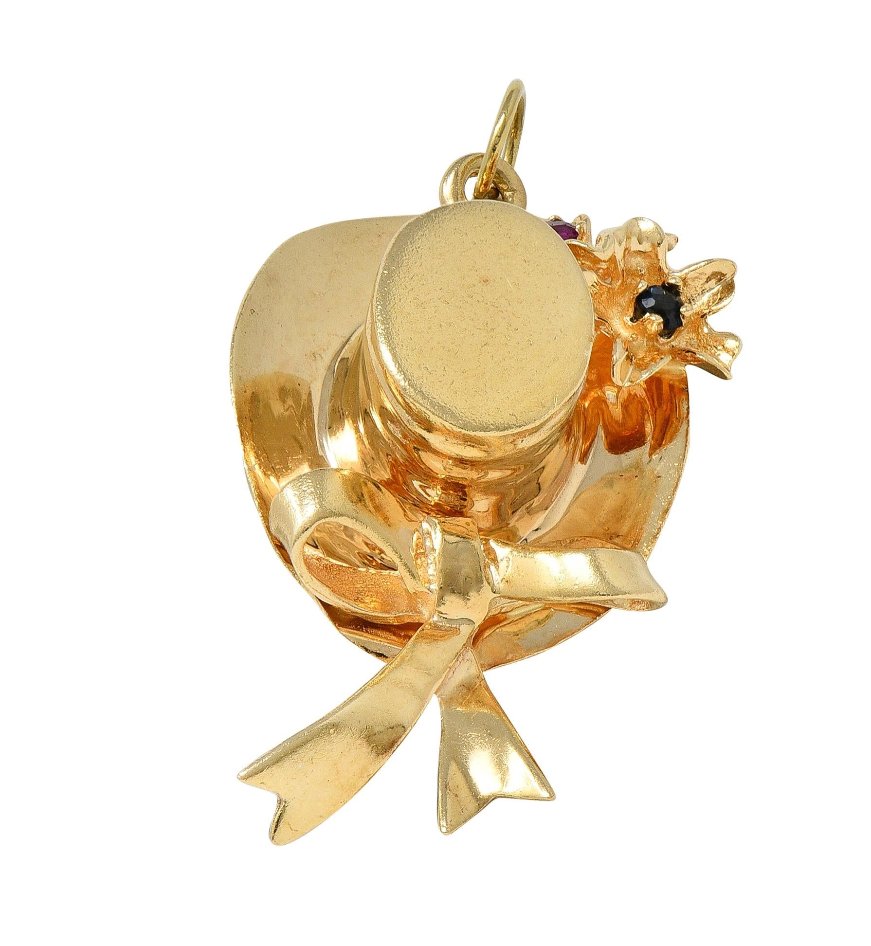 1950's Multi-Gem 14 Karat Yellow Gold Vintage Sun Hat Pendant Charm