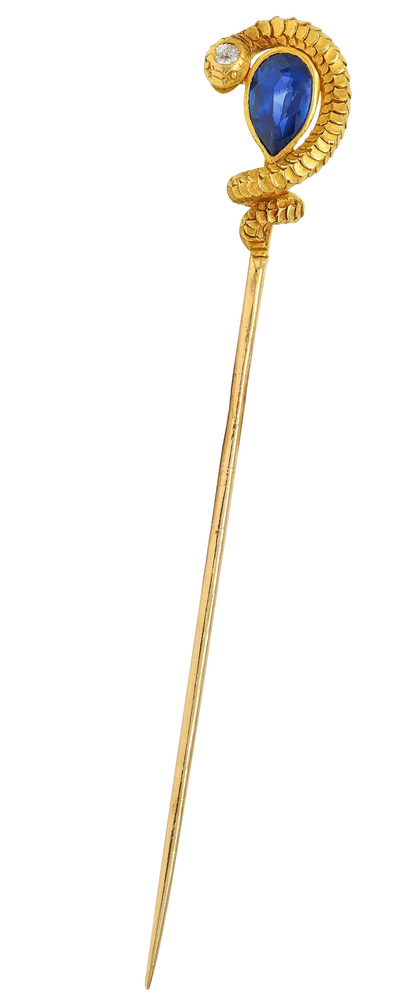 Victorian Pear Cut Sapphire Diamond 18 Karat Yellow Gold Antique Snake Stickpin