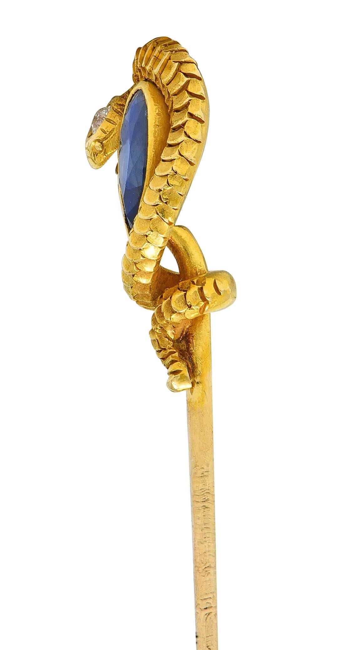 Victorian Pear Cut Sapphire Diamond 18 Karat Yellow Gold Antique Snake Stickpin