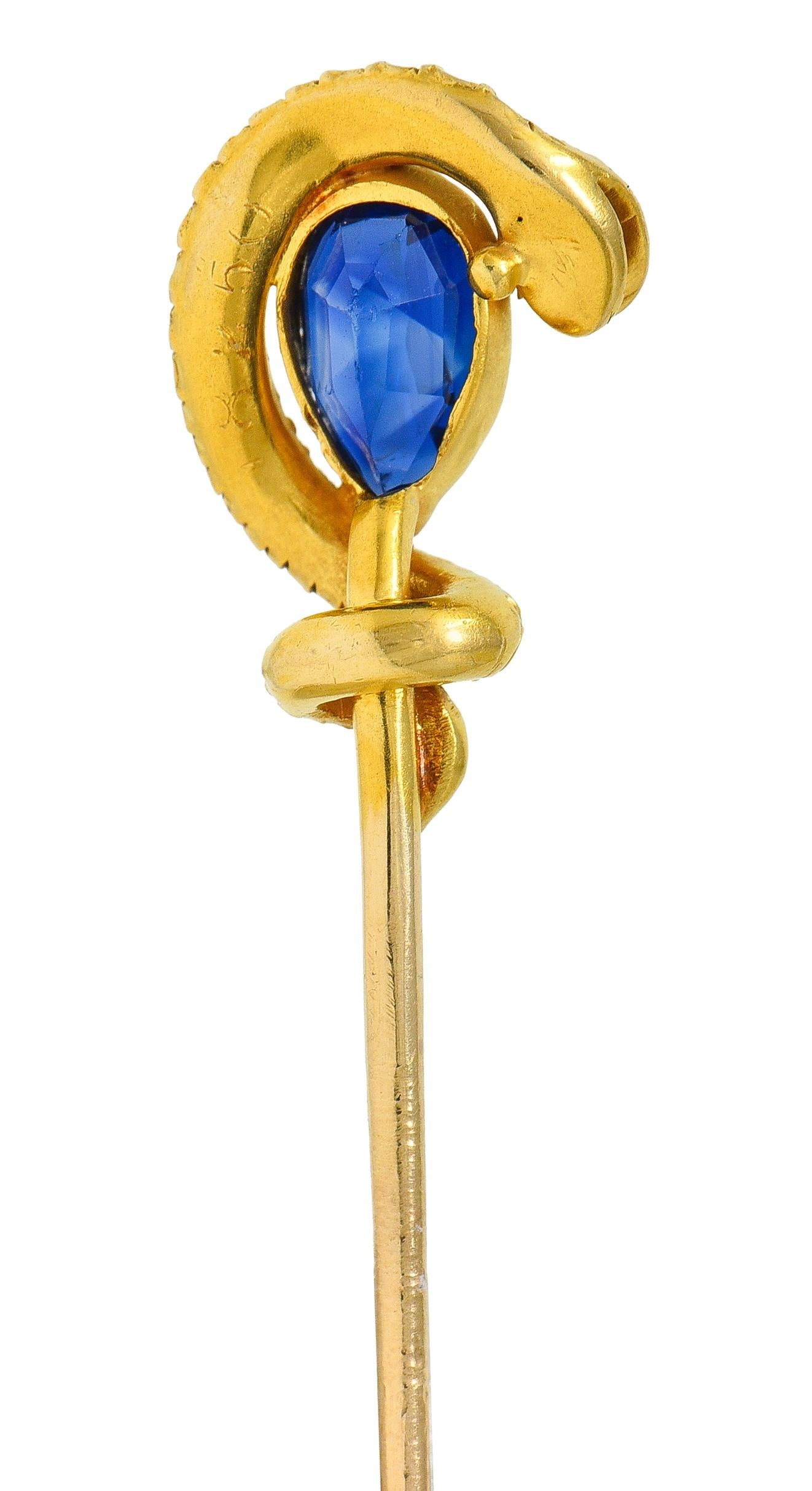 Victorian Pear Cut Sapphire Diamond 18 Karat Yellow Gold Antique Snake Stickpin