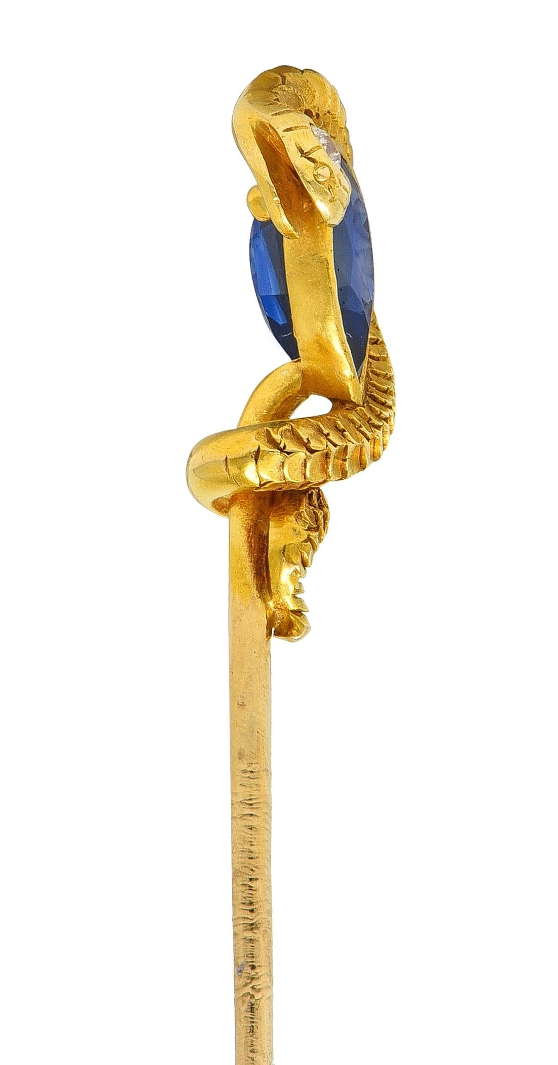 Victorian Pear Cut Sapphire Diamond 18 Karat Yellow Gold Antique Snake Stickpin