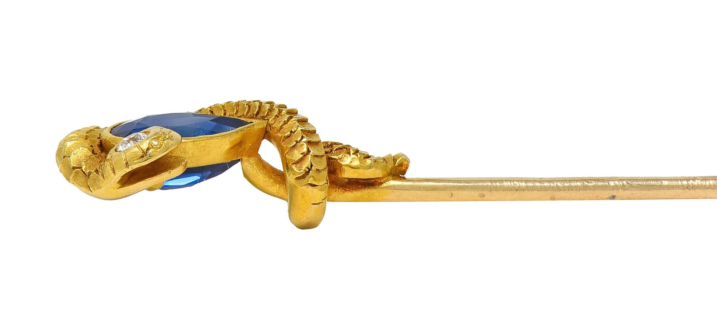 Victorian Pear Cut Sapphire Diamond 18 Karat Yellow Gold Antique Snake Stickpin