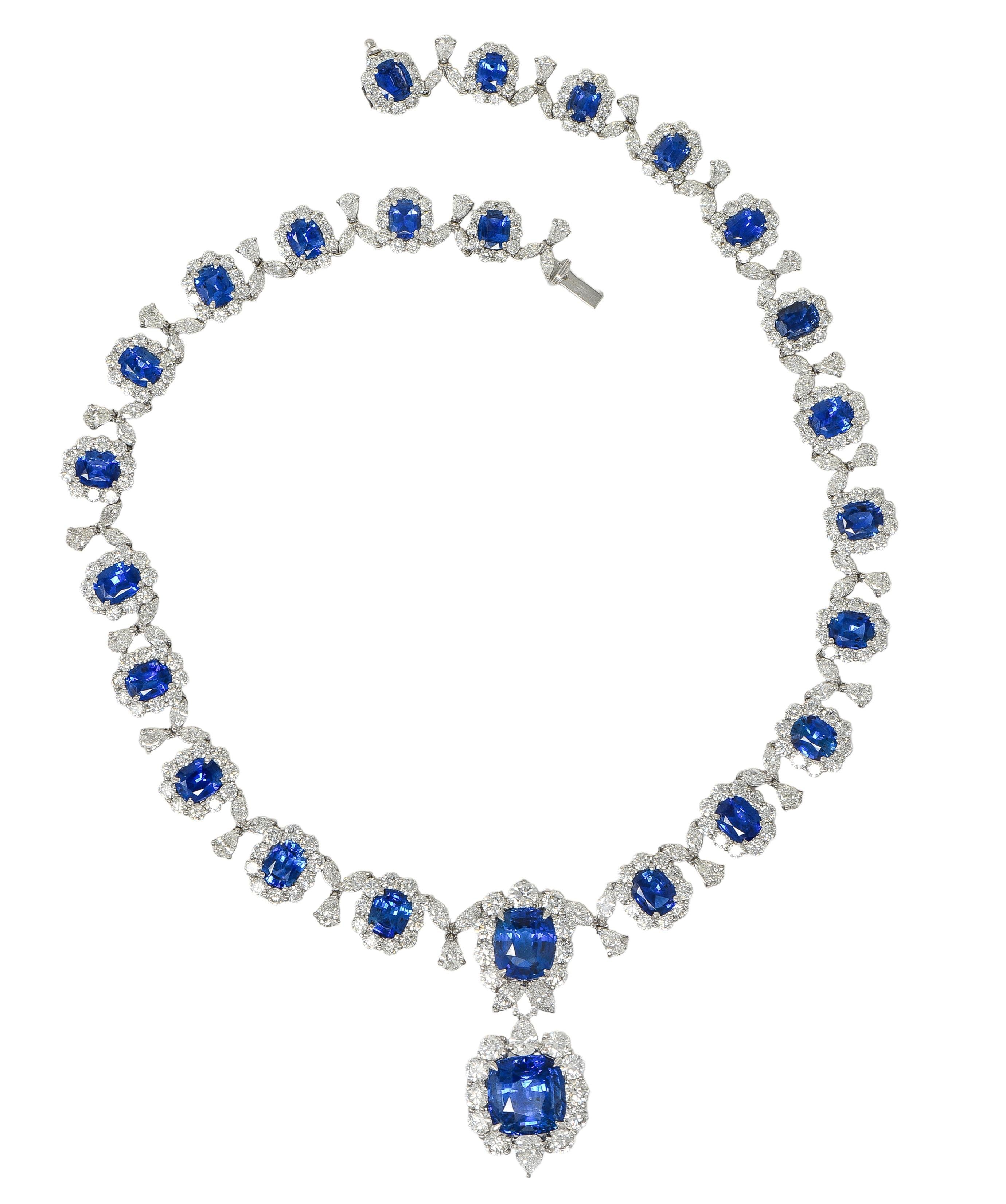 Contemporary Blue Sapphire Diamond Platinum White Gold Floral Statement Necklace