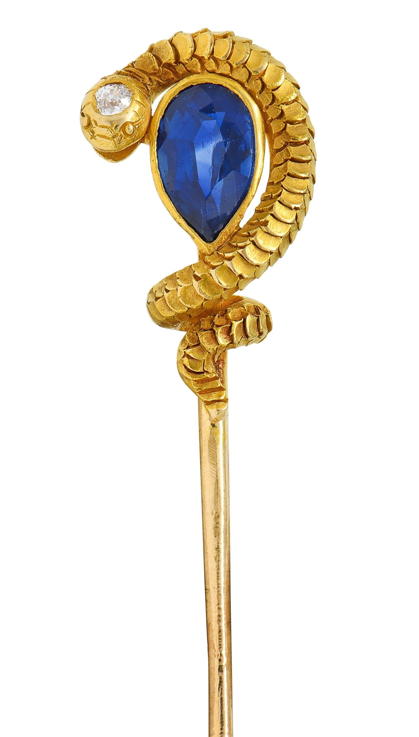 Victorian Pear Cut Sapphire Diamond 18 Karat Yellow Gold Antique Snake Stickpin