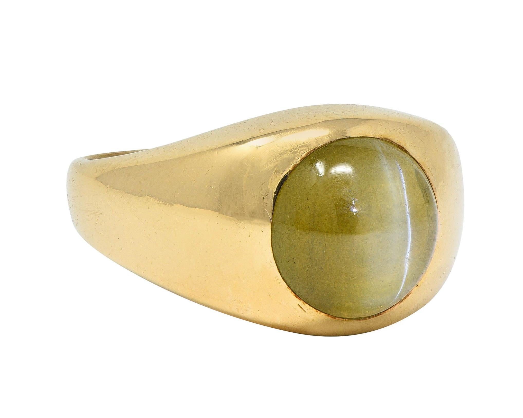 1960 Natural Cat's Eye Chrysoberyl 14 Karat Yellow Gold Vintage Signet Ring GIA