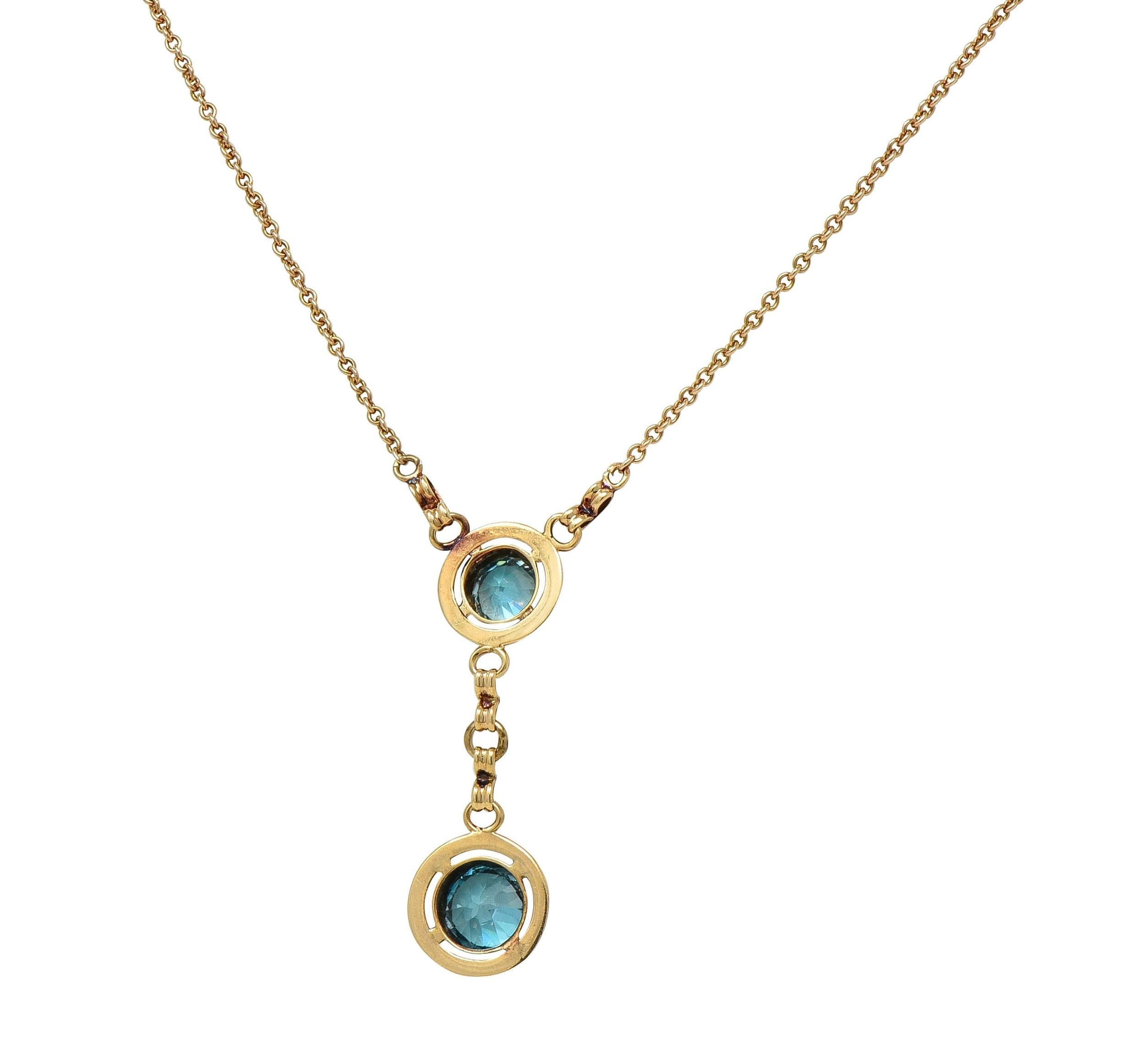 Early Art Deco Blue Zircon 14 Karat Yellow Gold Sartouir Antique Drop Necklace
