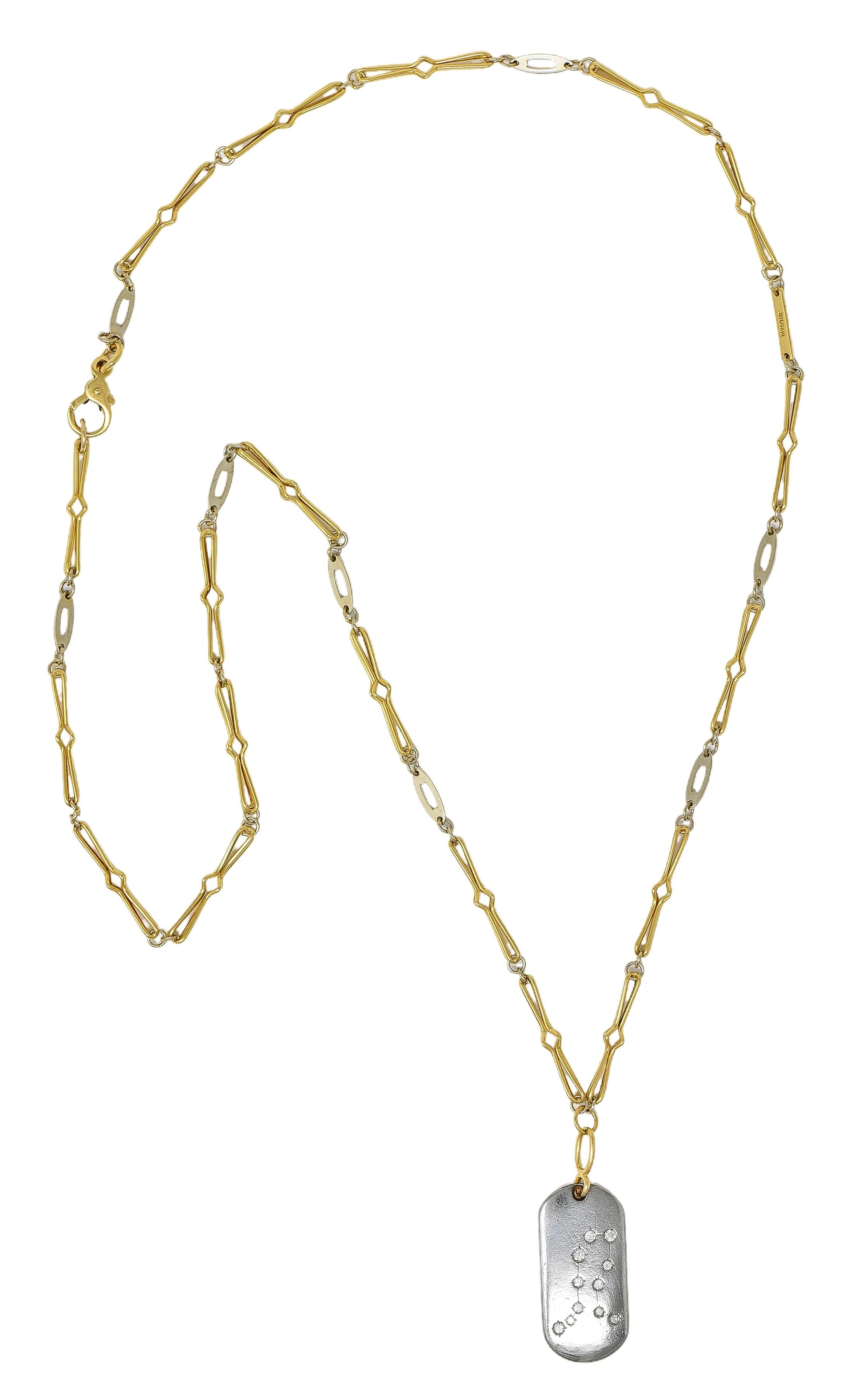 Bulgari Diamond 18 Karat Gold Vintage Zodiac Gemini Dog Tag Pendant Necklace