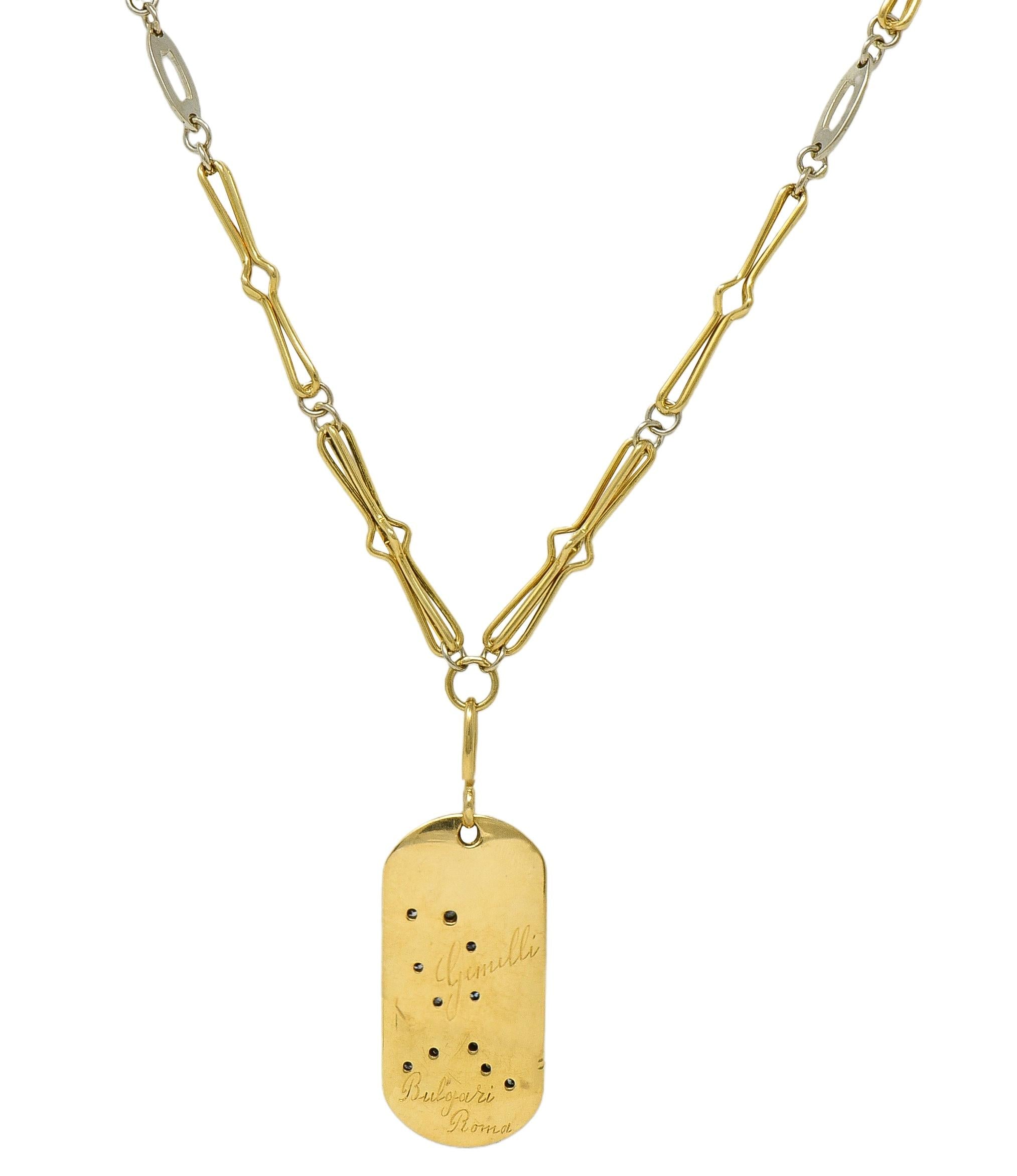 Bulgari Diamond 18 Karat Gold Vintage Zodiac Gemini Dog Tag Pendant Necklace