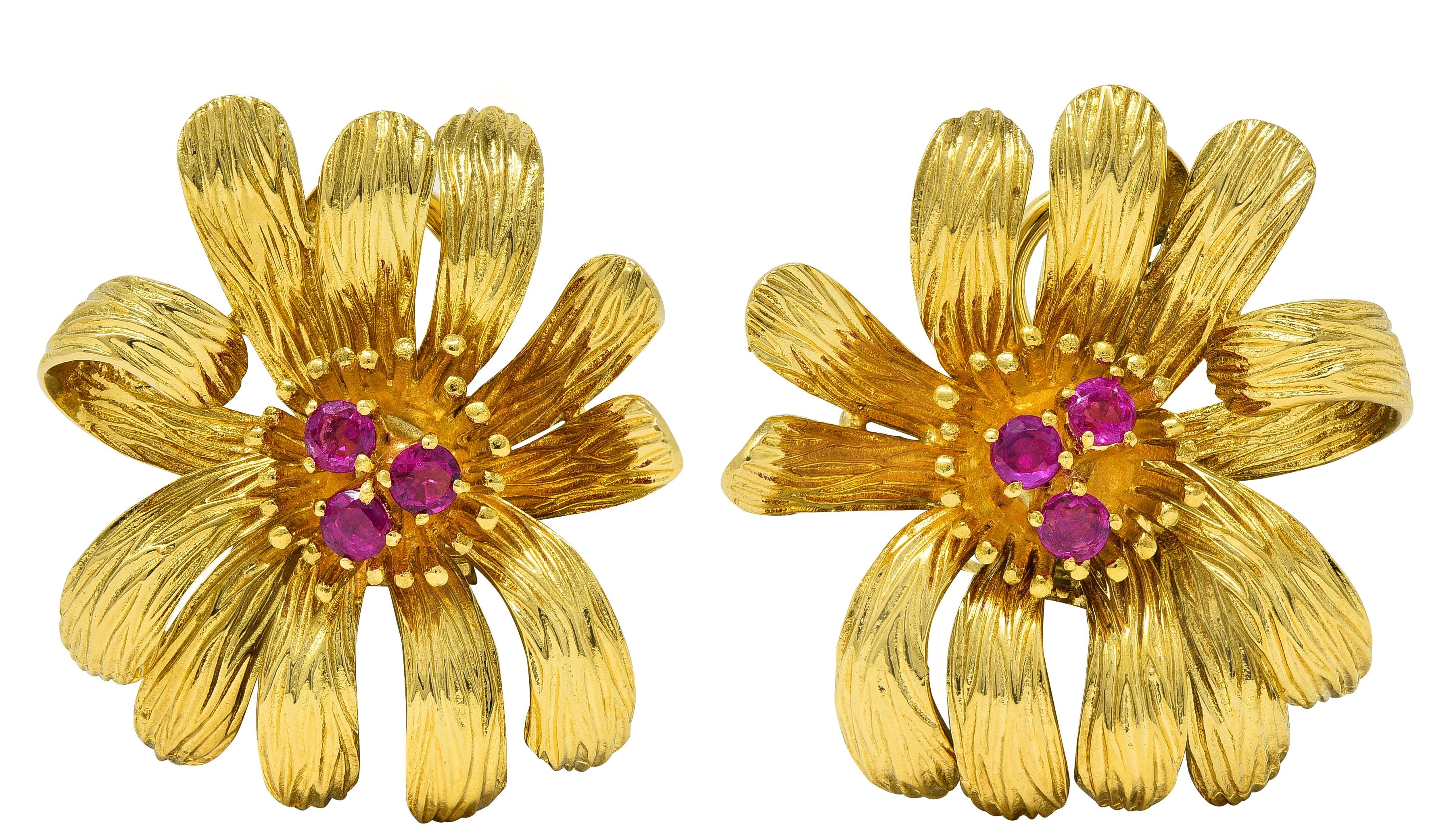 Cartier 1970's Ruby 18 Karat Yellow Gold Vintage Flower Earrings