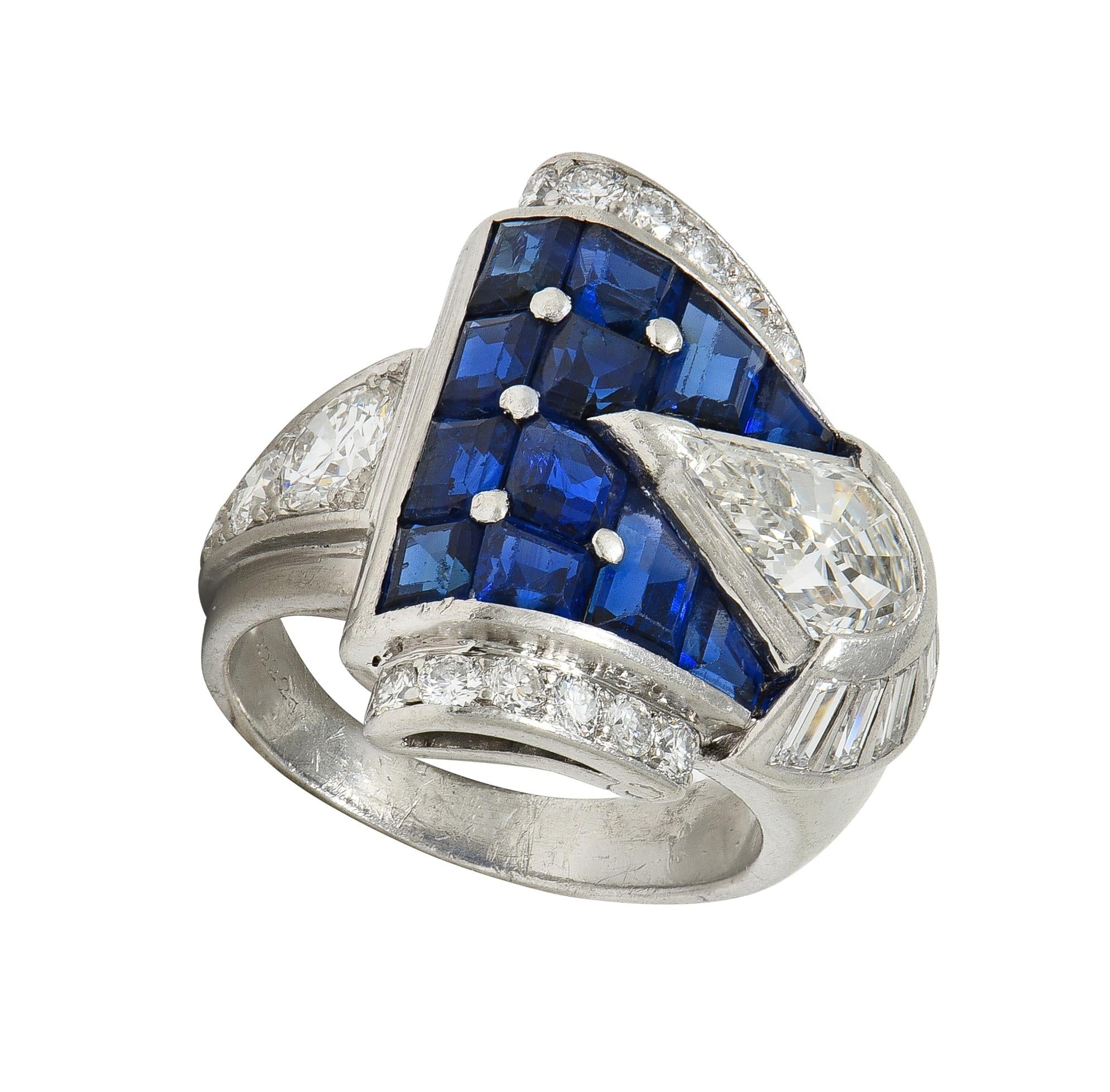 Mid-Century 4.20 CTW Sapphire Diamond Platinum Vintage Buckle Band Ring
