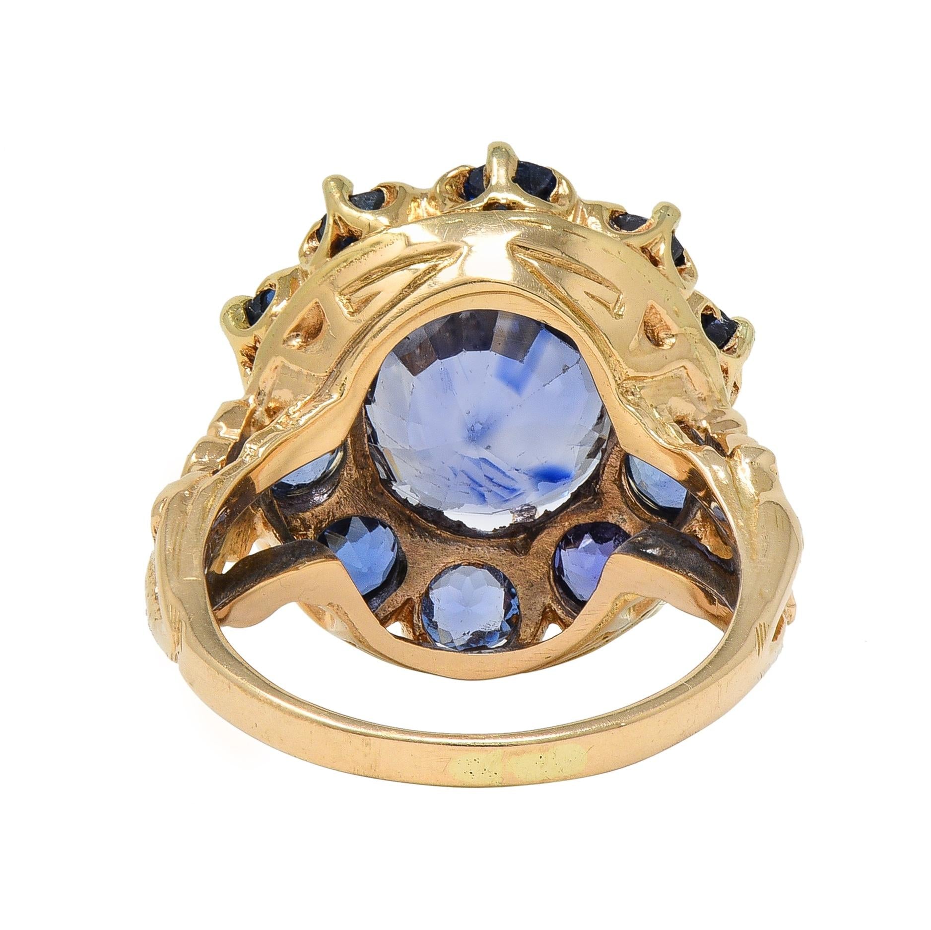 Art Deco 6.80 CTW Sapphire 14 Karat Yellow Gold Antique Halo Ring GIA