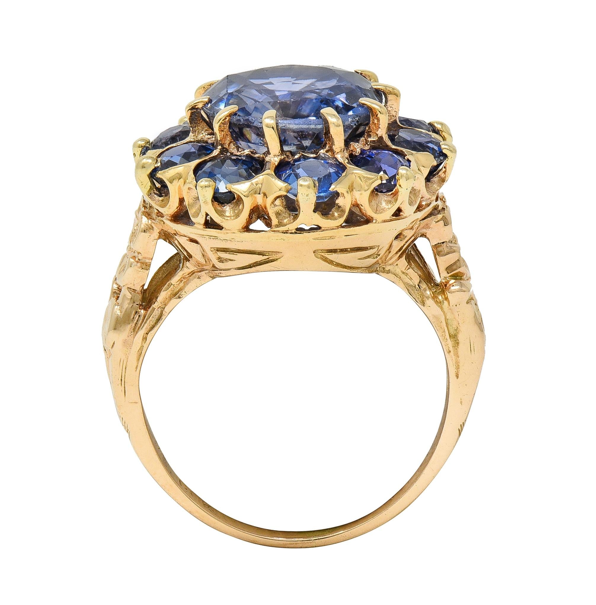 Art Deco 6.80 CTW Sapphire 14 Karat Yellow Gold Antique Halo Ring GIA