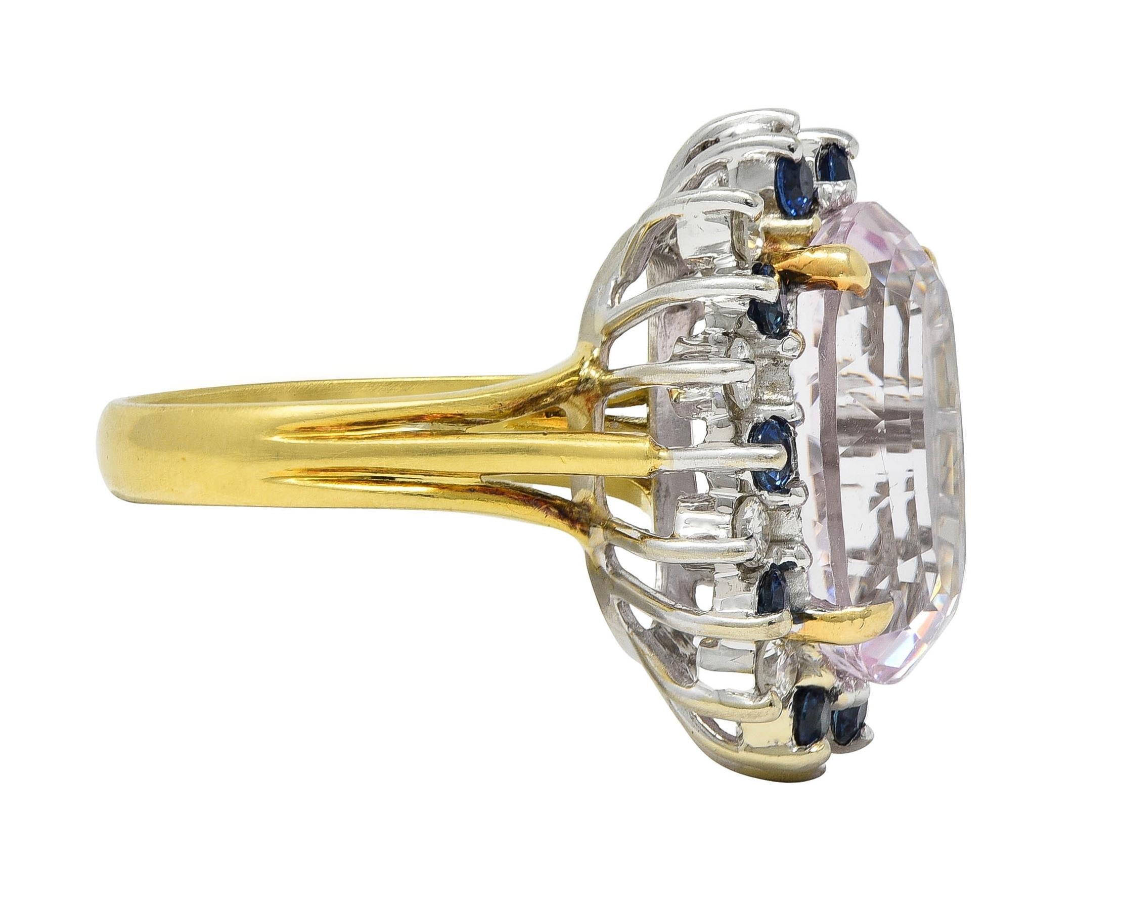 1980's Kunzite Sapphire Diamond 18 Karat Two-Tone Vintage Halo Ring