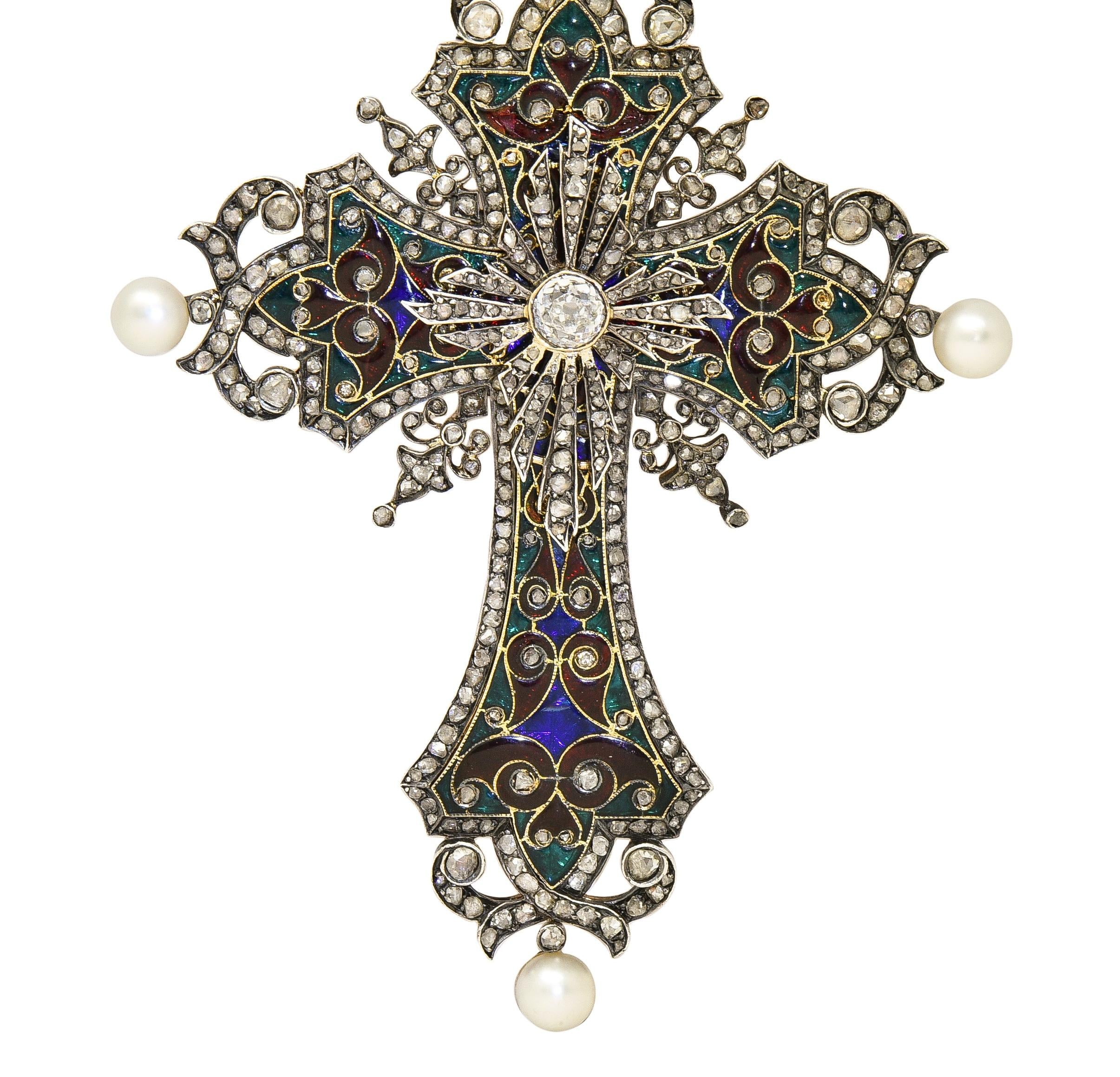 Boucheron Victorian Diamond Enamel Silver 18K Yellow Gold Antique Cross Pendant