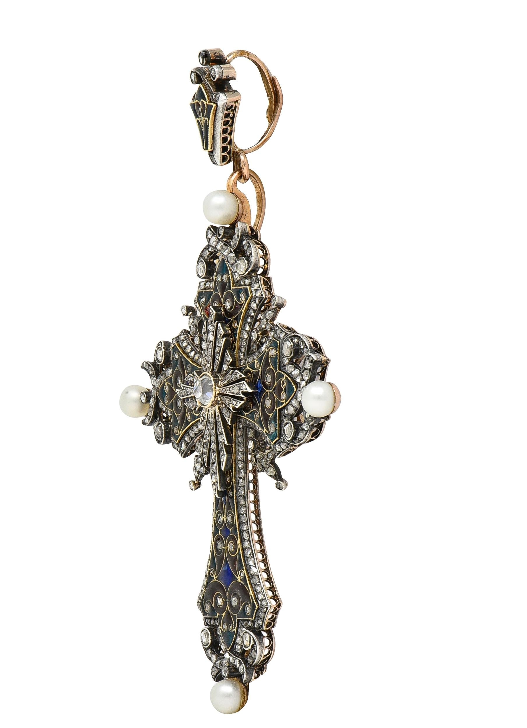 Boucheron Victorian Diamond Enamel Silver 18K Yellow Gold Antique Cross Pendant