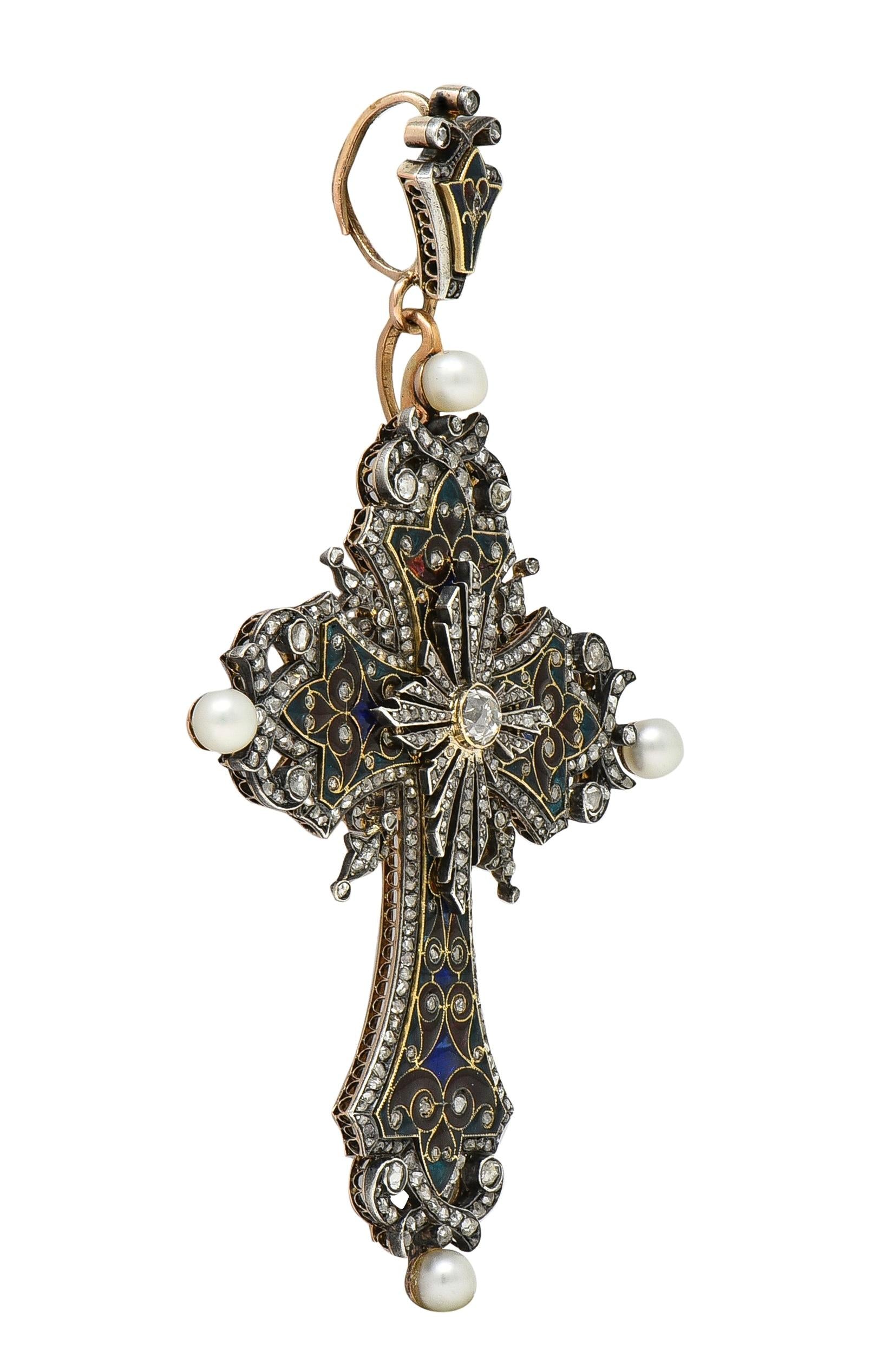 Boucheron Victorian Diamond Enamel Silver 18K Yellow Gold Antique Cross Pendant