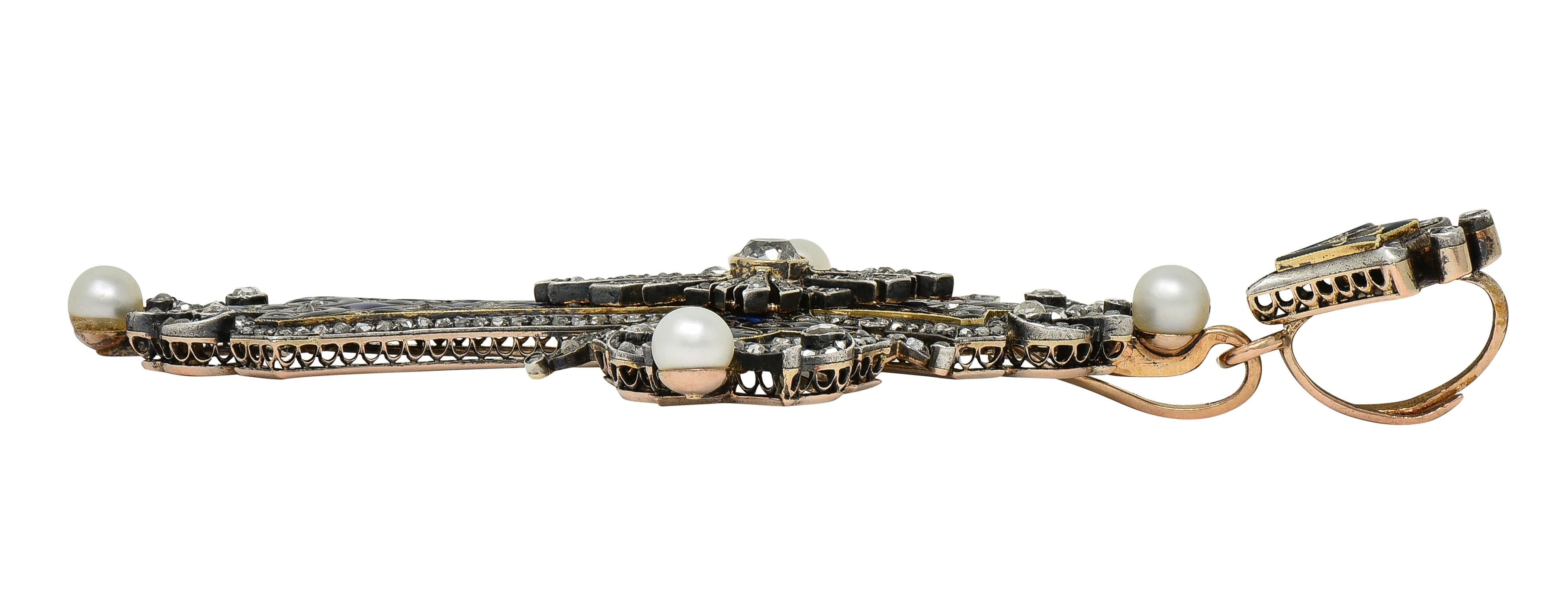 Boucheron Victorian Diamond Enamel Silver 18K Yellow Gold Antique Cross Pendant