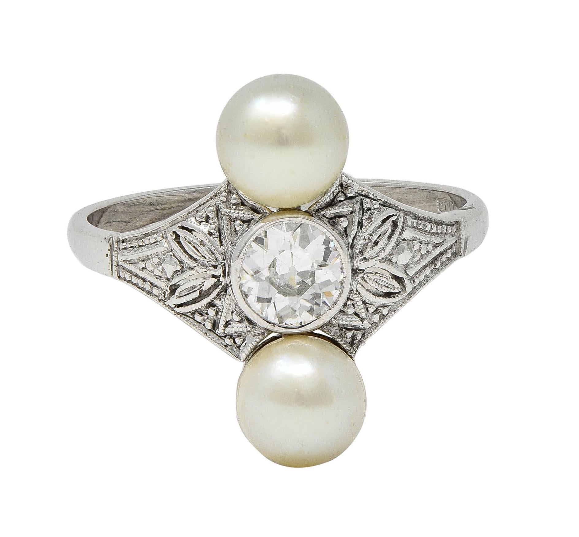 Art Deco Diamond Pearl 14 Karat White Gold Vintage Foliate Navette Dinner Ring