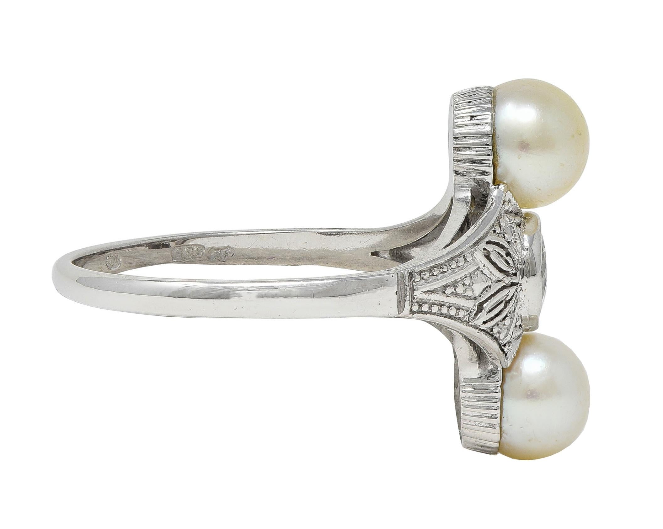 Art Deco Diamond Pearl 14 Karat White Gold Vintage Foliate Navette Dinner Ring