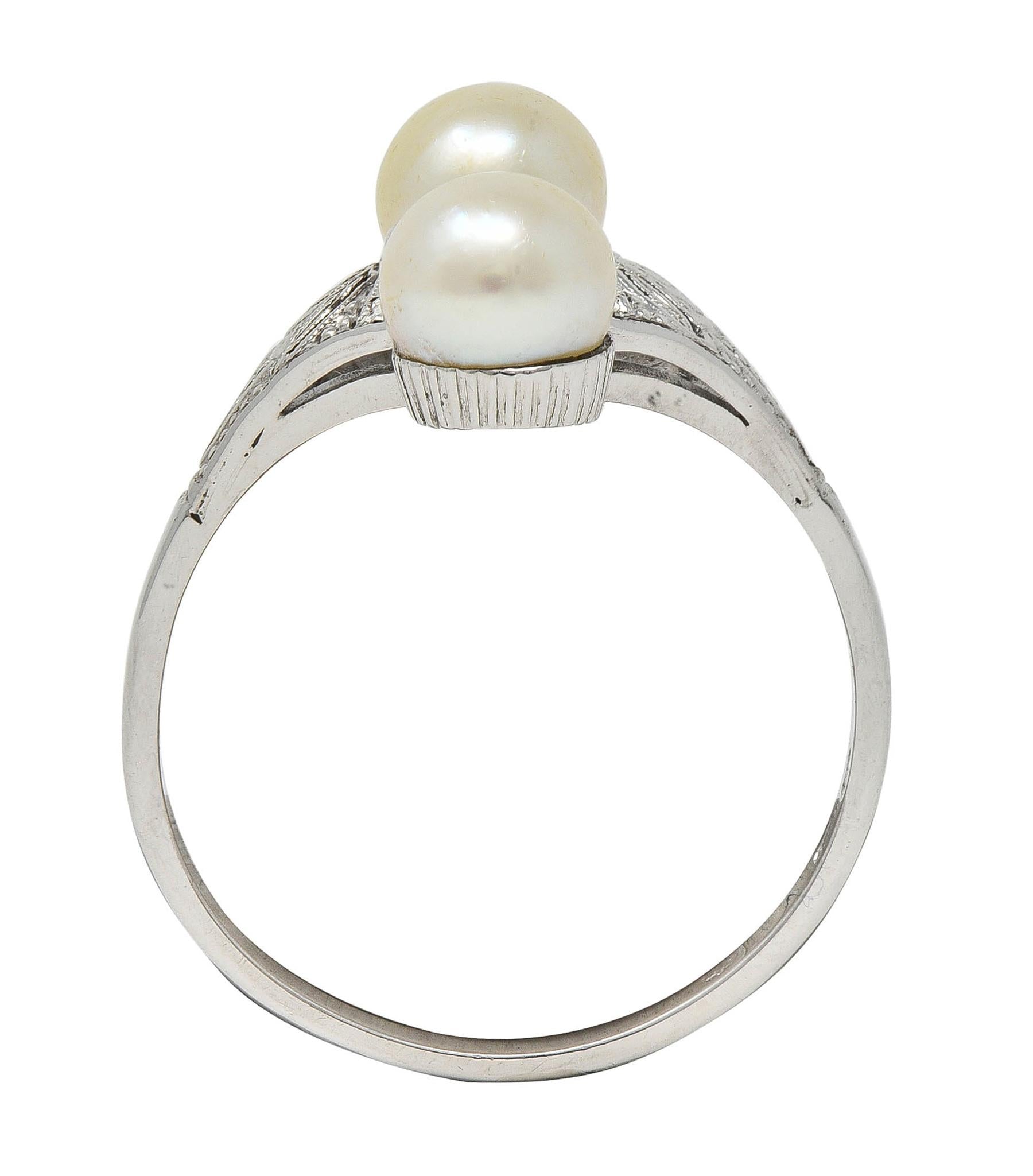 Art Deco Diamond Pearl 14 Karat White Gold Vintage Foliate Navette Dinner Ring