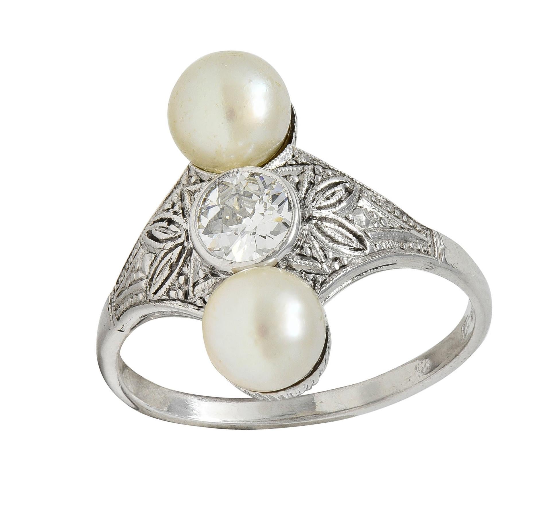 Art Deco Diamond Pearl 14 Karat White Gold Vintage Foliate Navette Dinner Ring