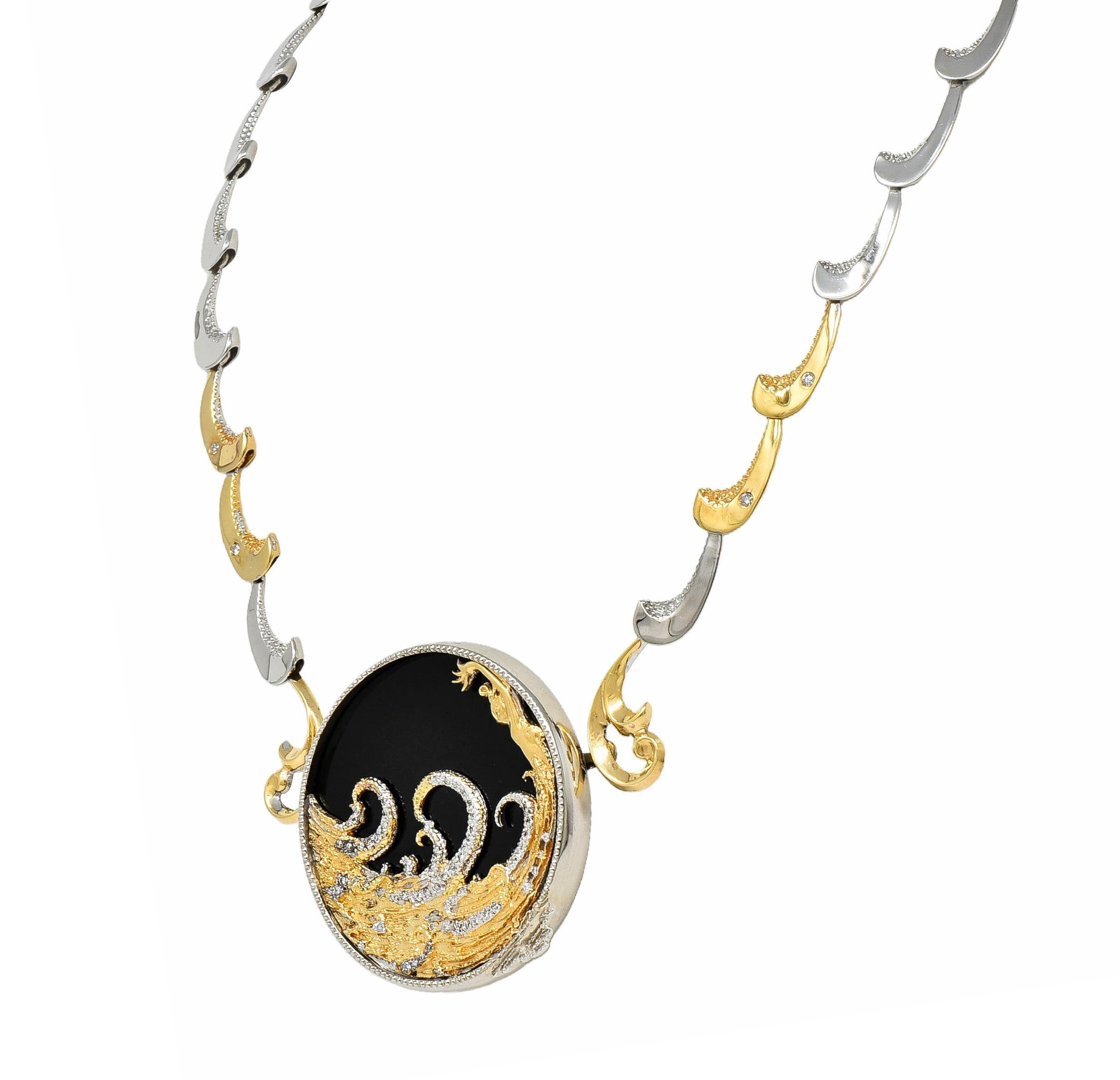 Erte 1980's Diamond Onyx 14 Karat Yellow Gold Silver Aphrodite Brooch Necklace