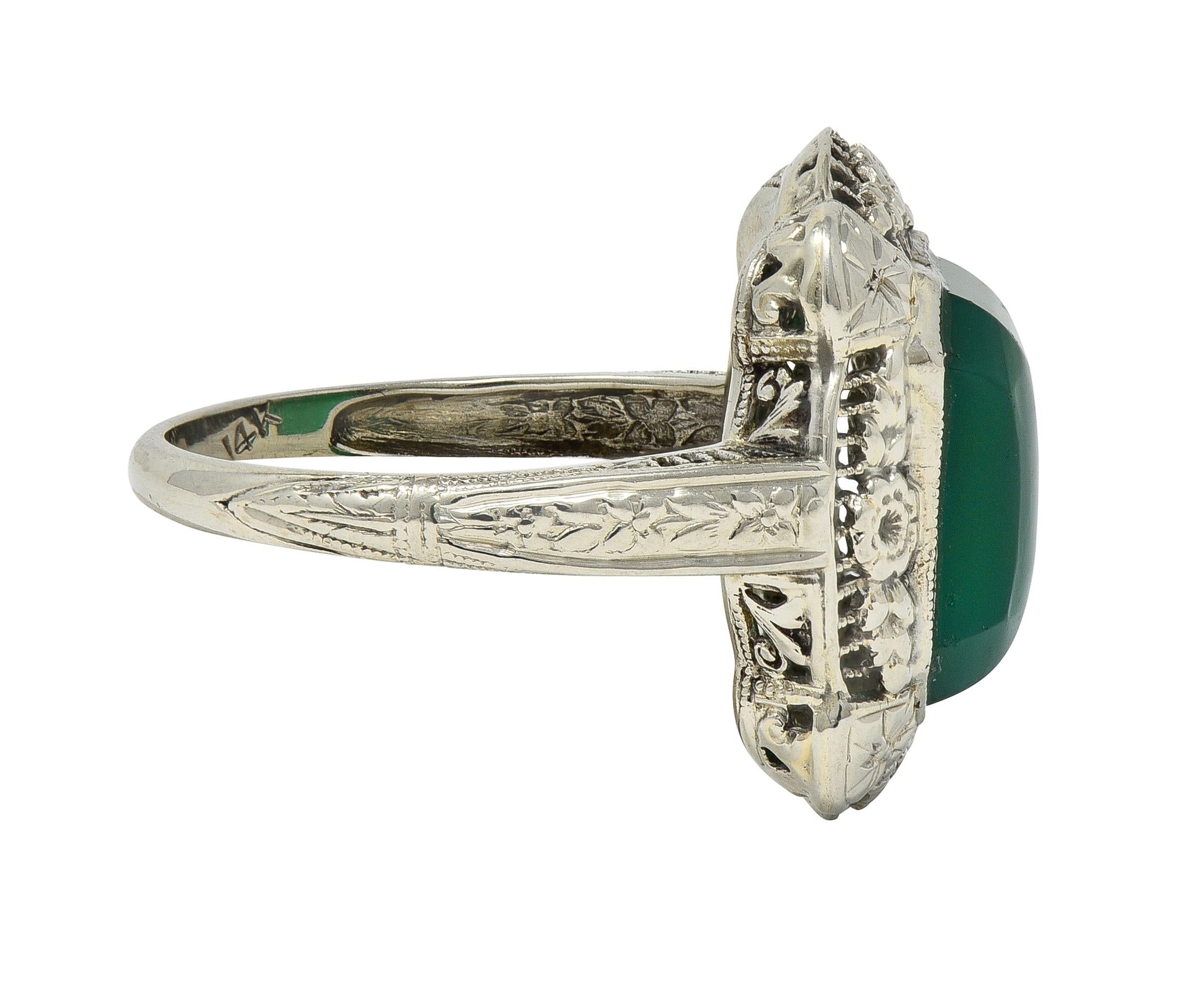 Art Deco Chrysoprase 14 Karat White Gold Vintage Orange Blossom Dinner Ring