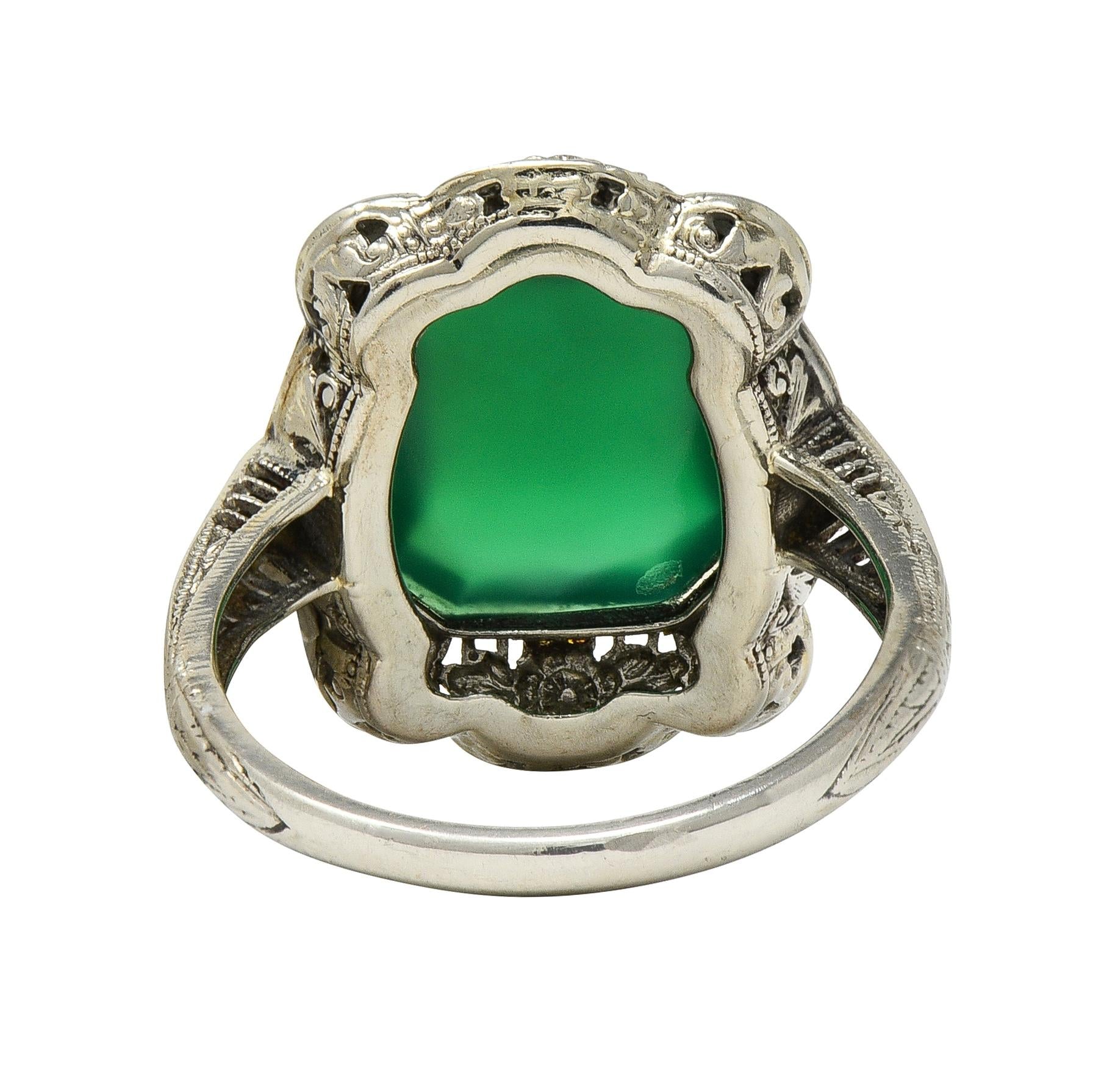 Art Deco Chrysoprase 14 Karat White Gold Vintage Orange Blossom Dinner Ring