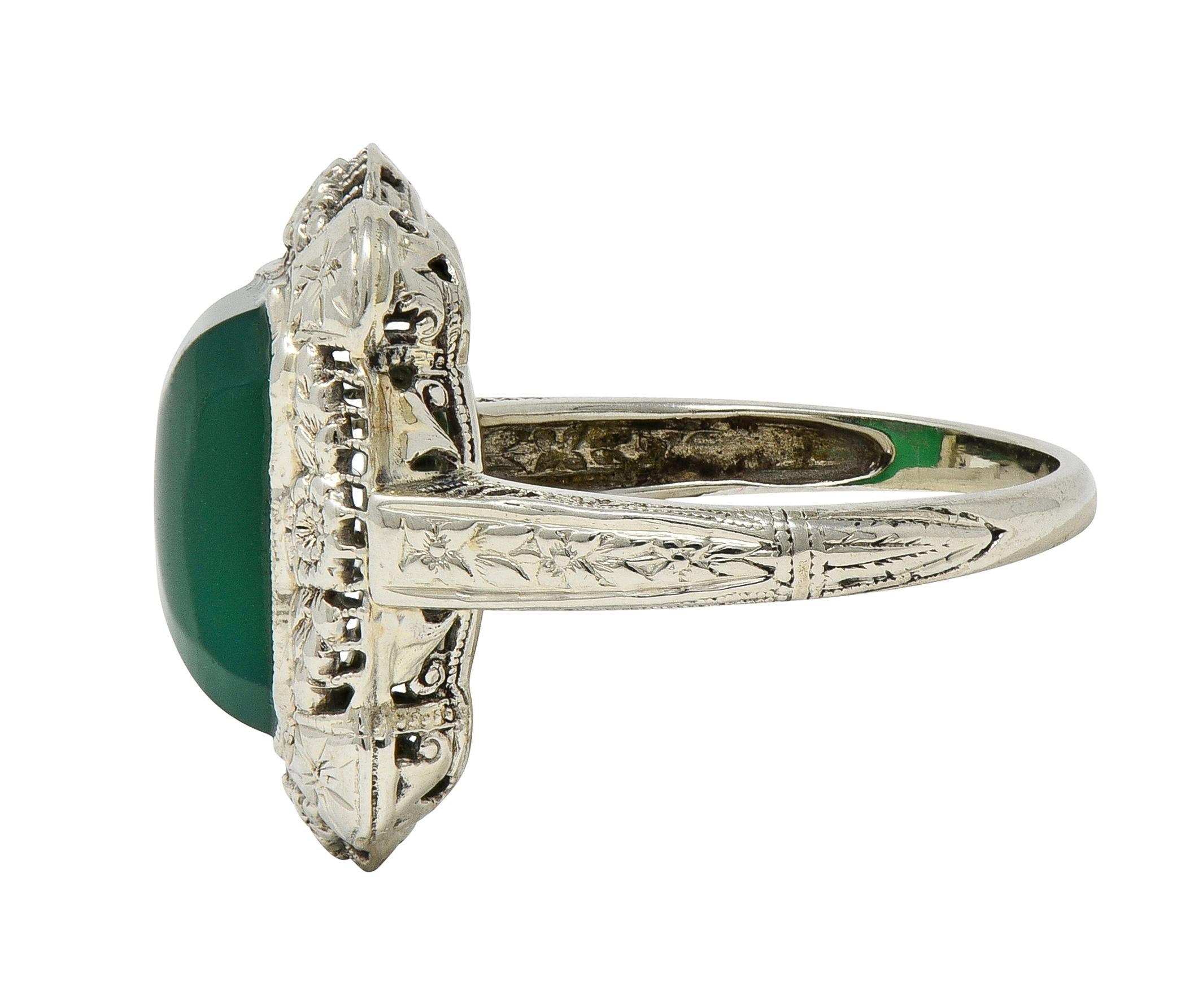 Art Deco Chrysoprase 14 Karat White Gold Vintage Orange Blossom Dinner Ring