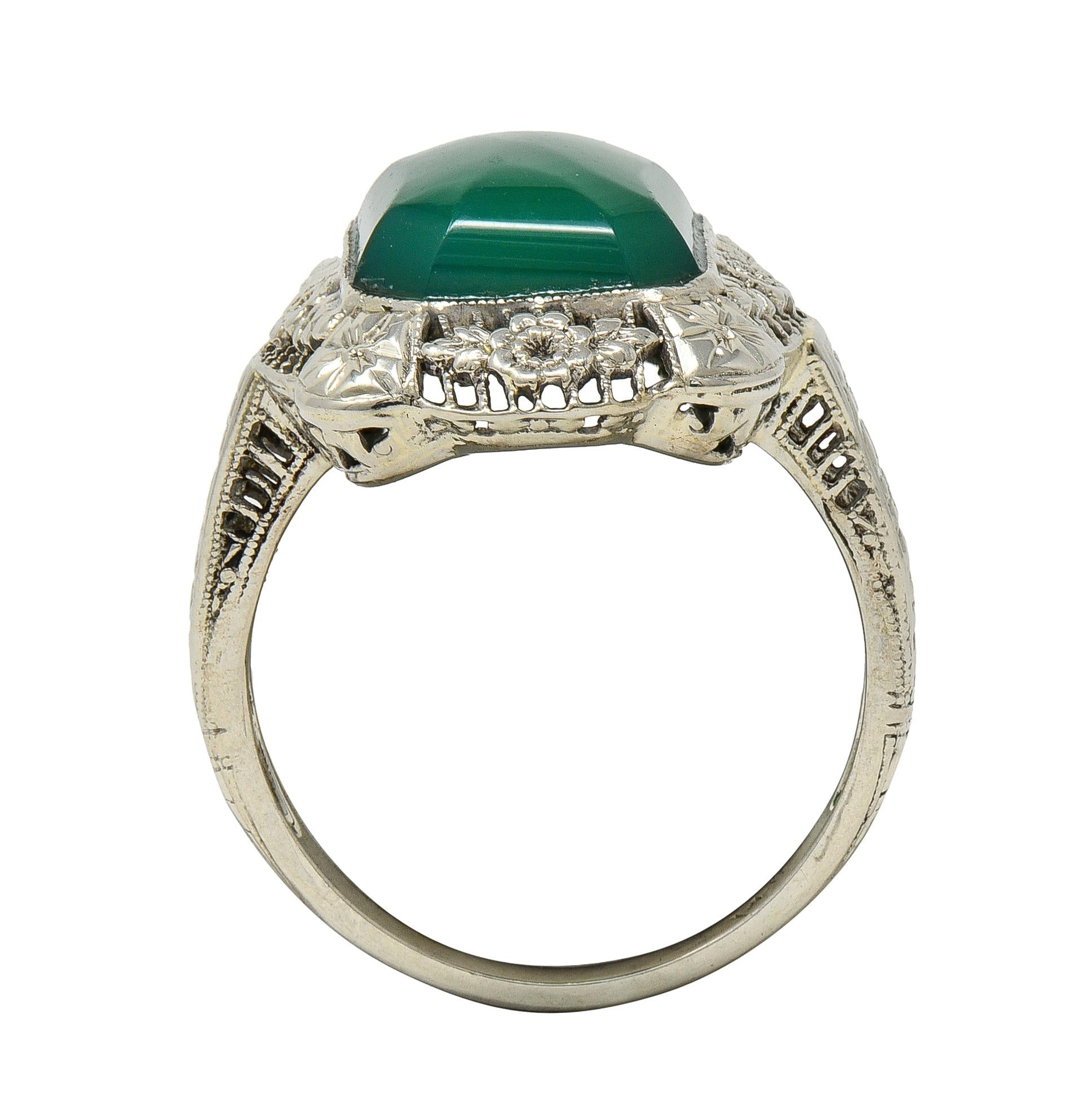 Art Deco Chrysoprase 14 Karat White Gold Vintage Orange Blossom Dinner Ring